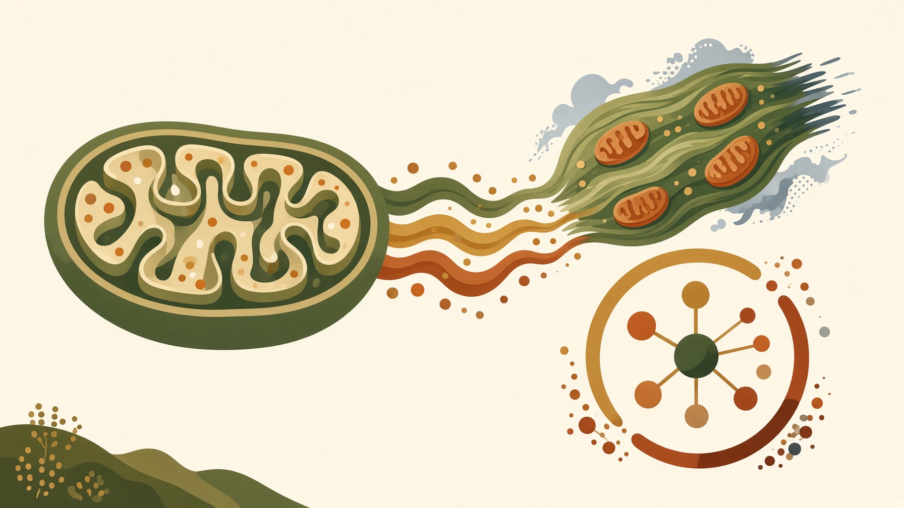 Mitochondrion connected by flowing lines to an illustrated muscle and molecular symbol.