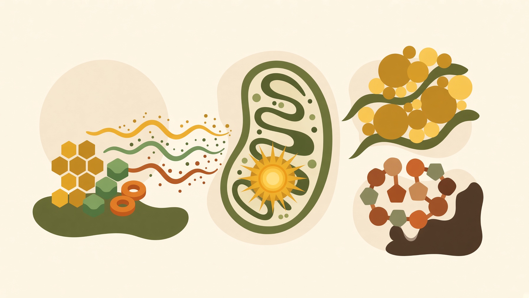 Molecular shapes flowing toward a mitochondrion, with nutrient clusters alongside.