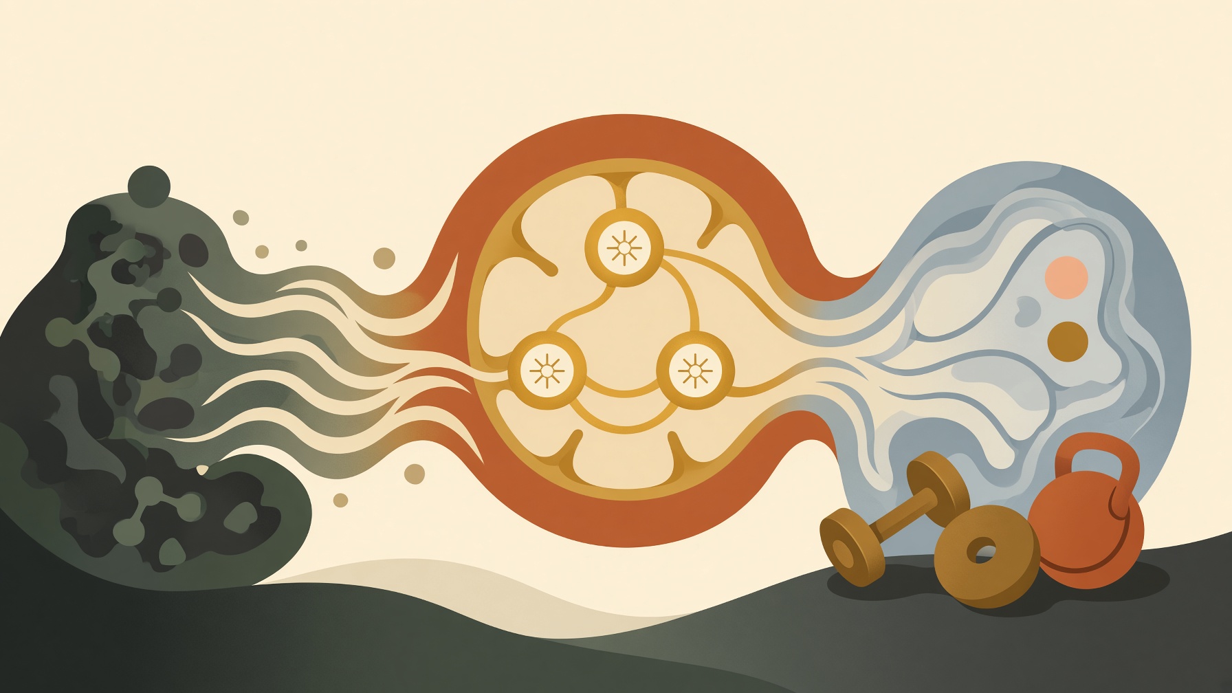 Three connected circular energy illustrations beside exercise weights.