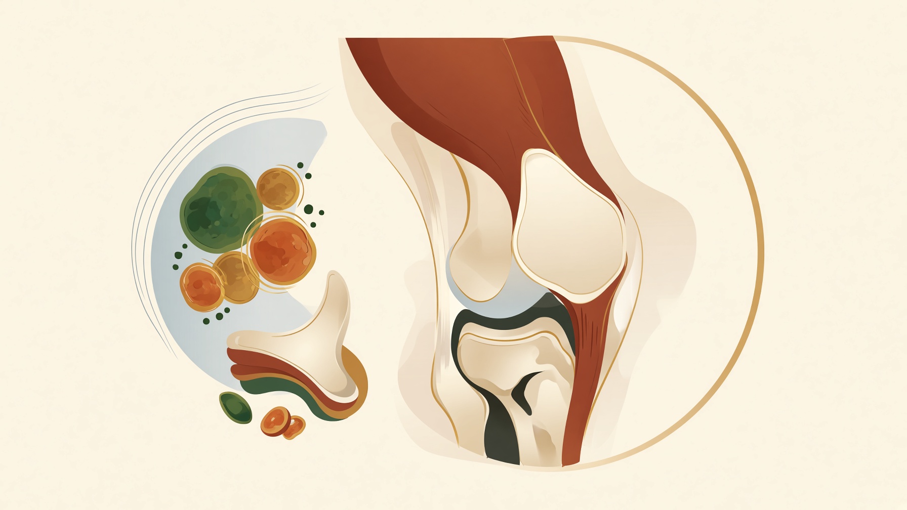 Knee joint and surrounding muscles beside magnified tissue circles.