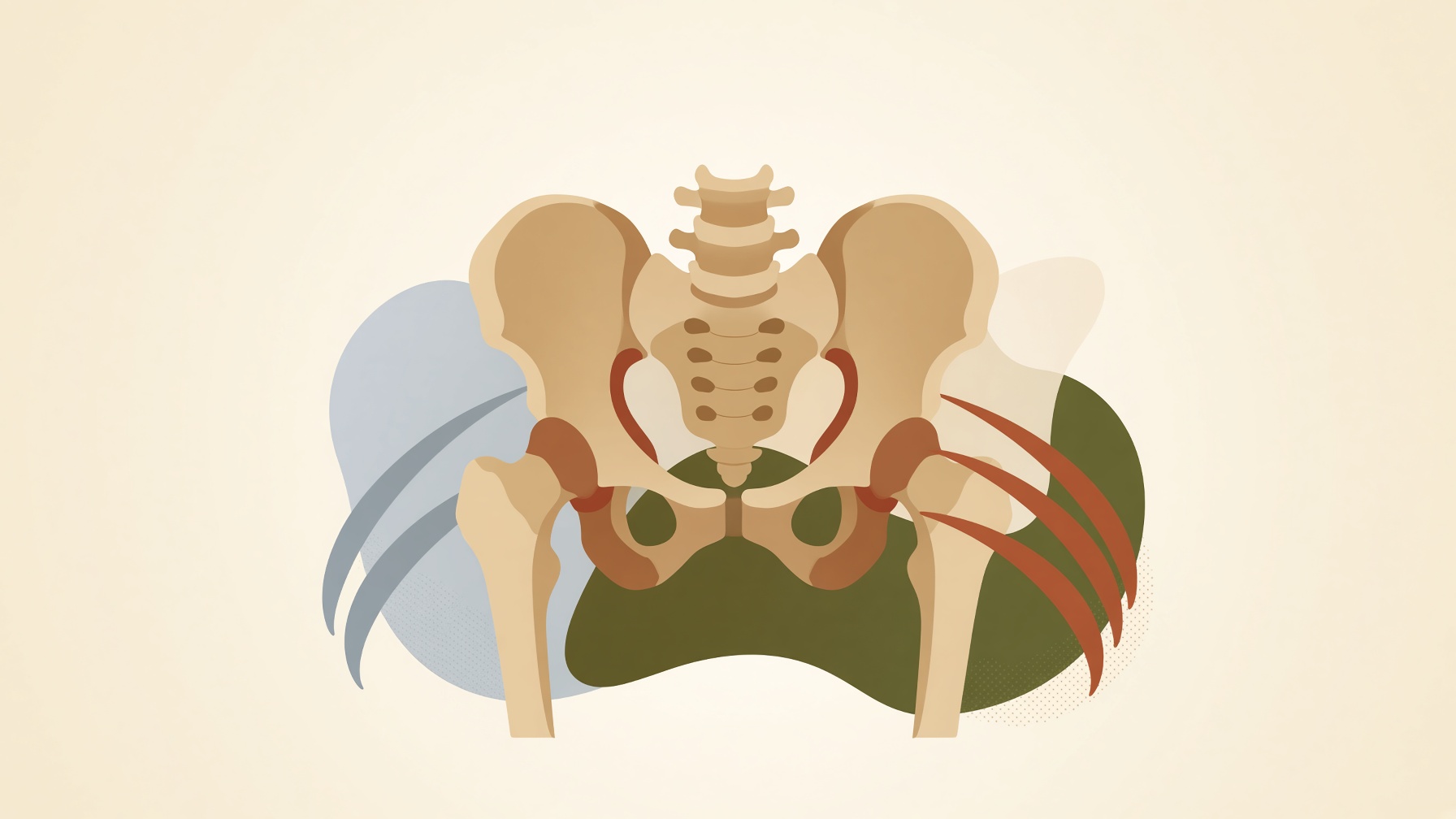 Pelvis and upper leg bones with surrounding muscle bands.