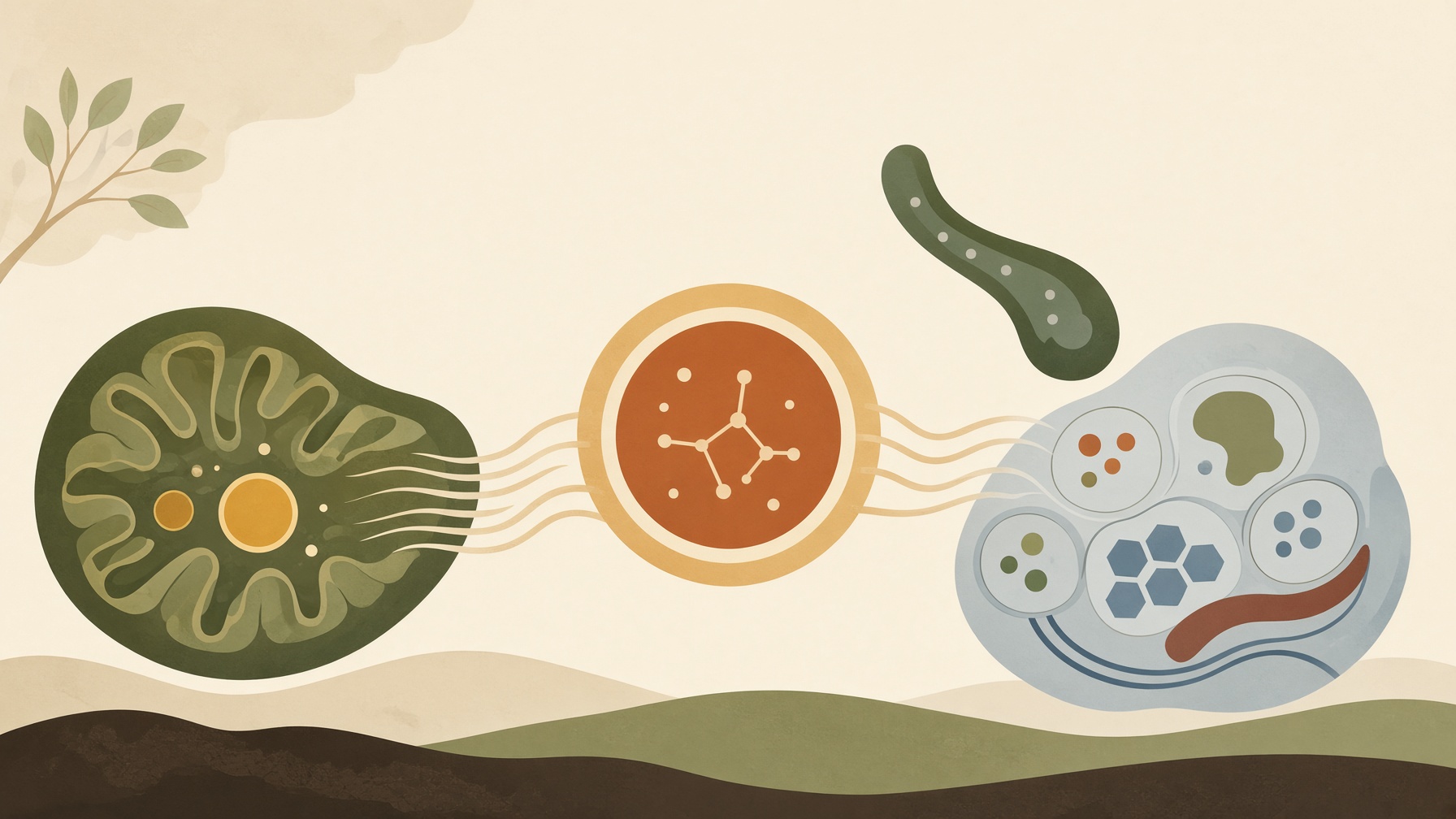 Illustration of a mitochondrion, a molecular structure and a cell.