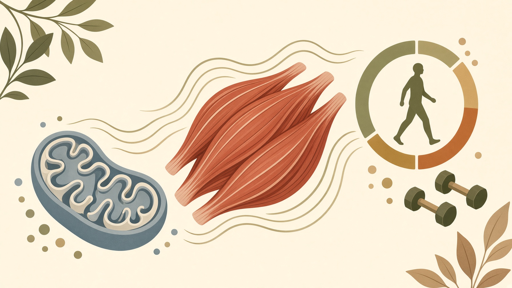 Muscle fibers beside a mitochondrion, walking symbol, and dumbbell.