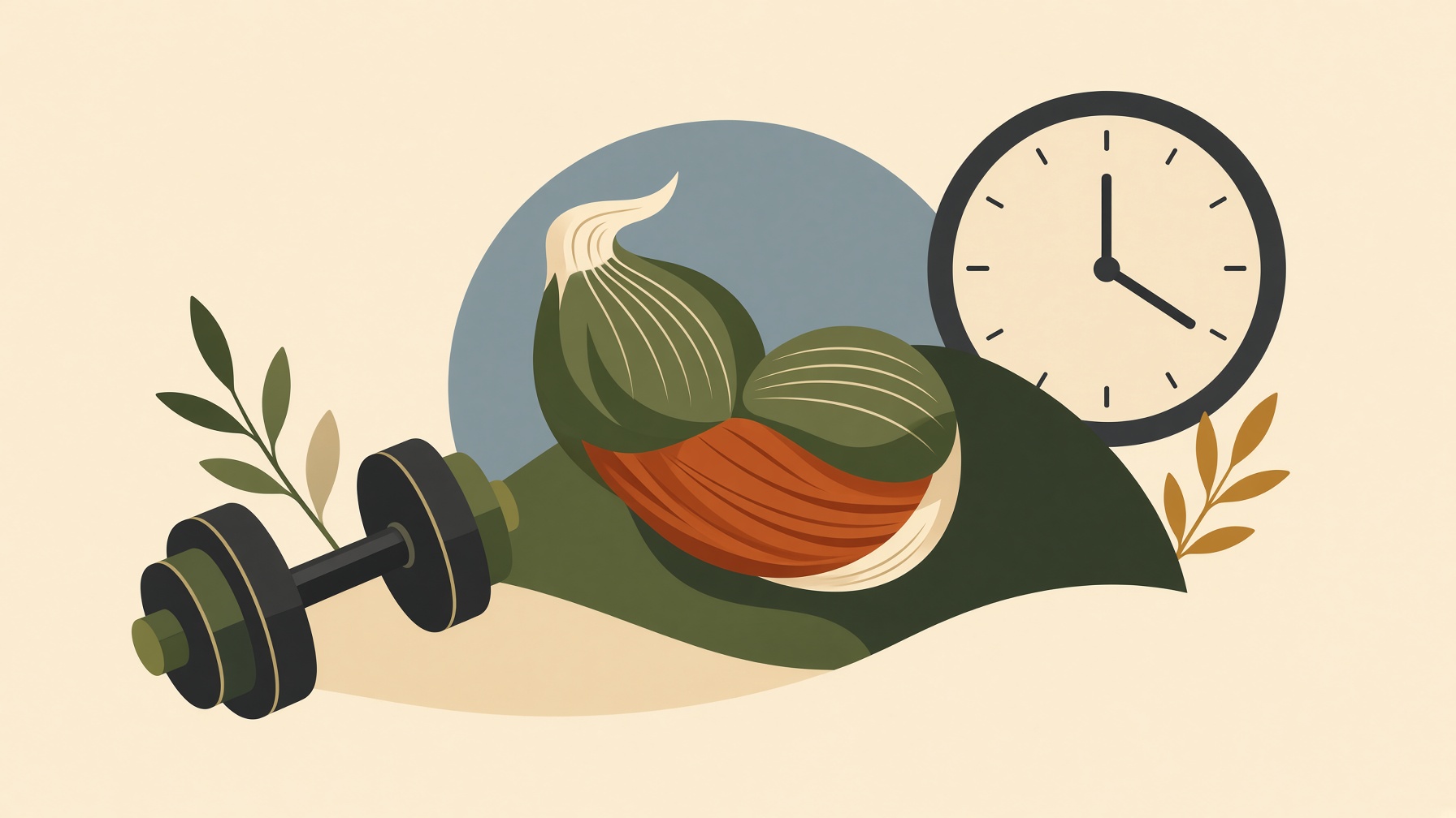 Illustration of a clock beside muscle and a dumbbell.
