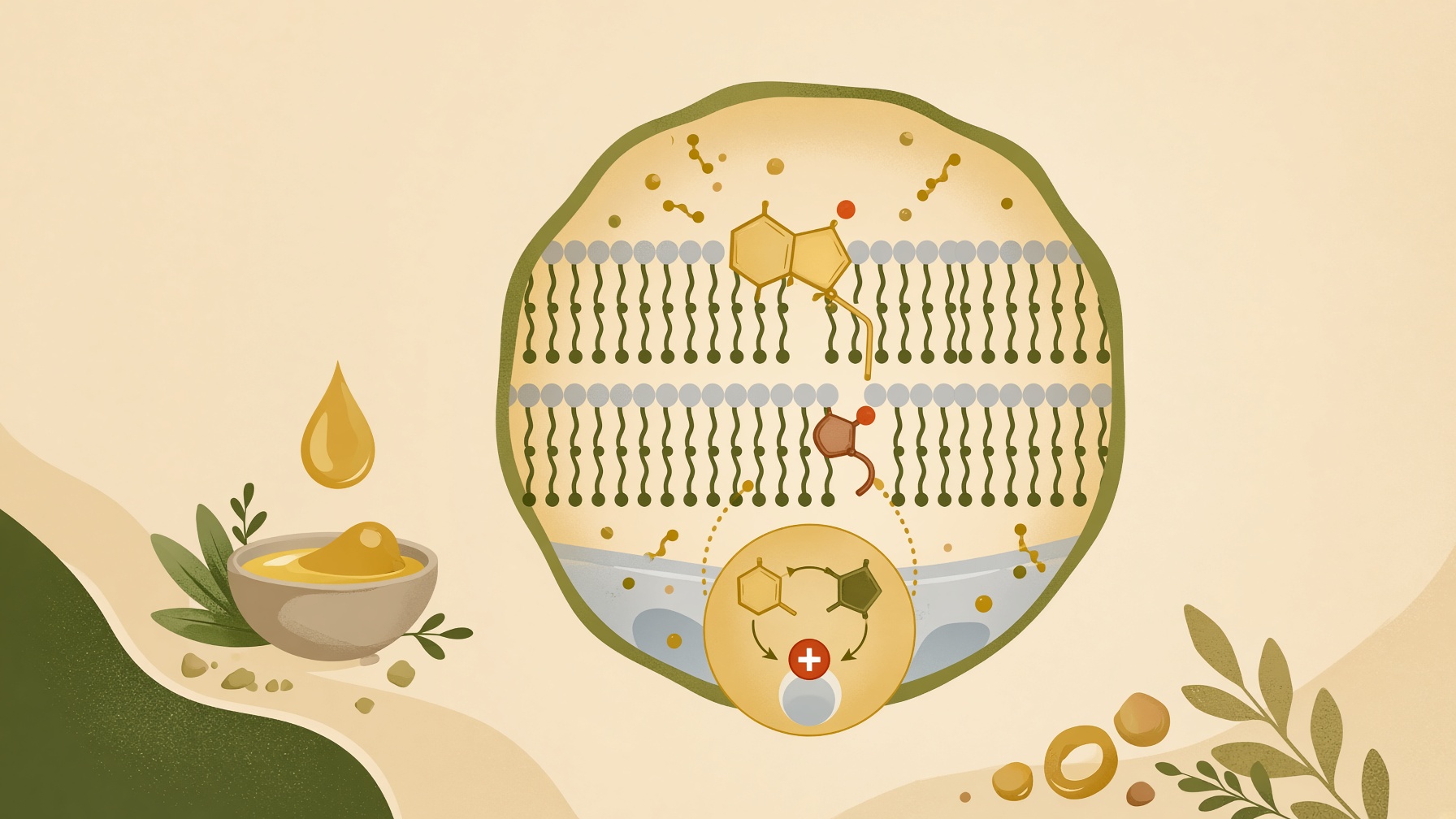 Cell membrane and surrounding particles beside a bowl of oil.