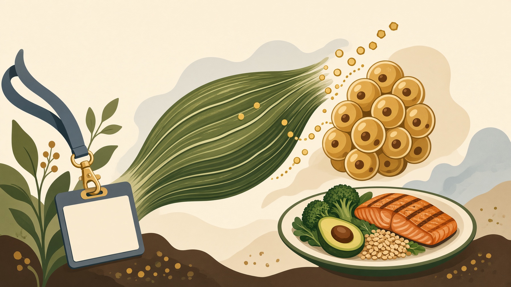 Illustration of muscle fibers and cells beside a plate of salmon, vegetables, avocado, and grains.