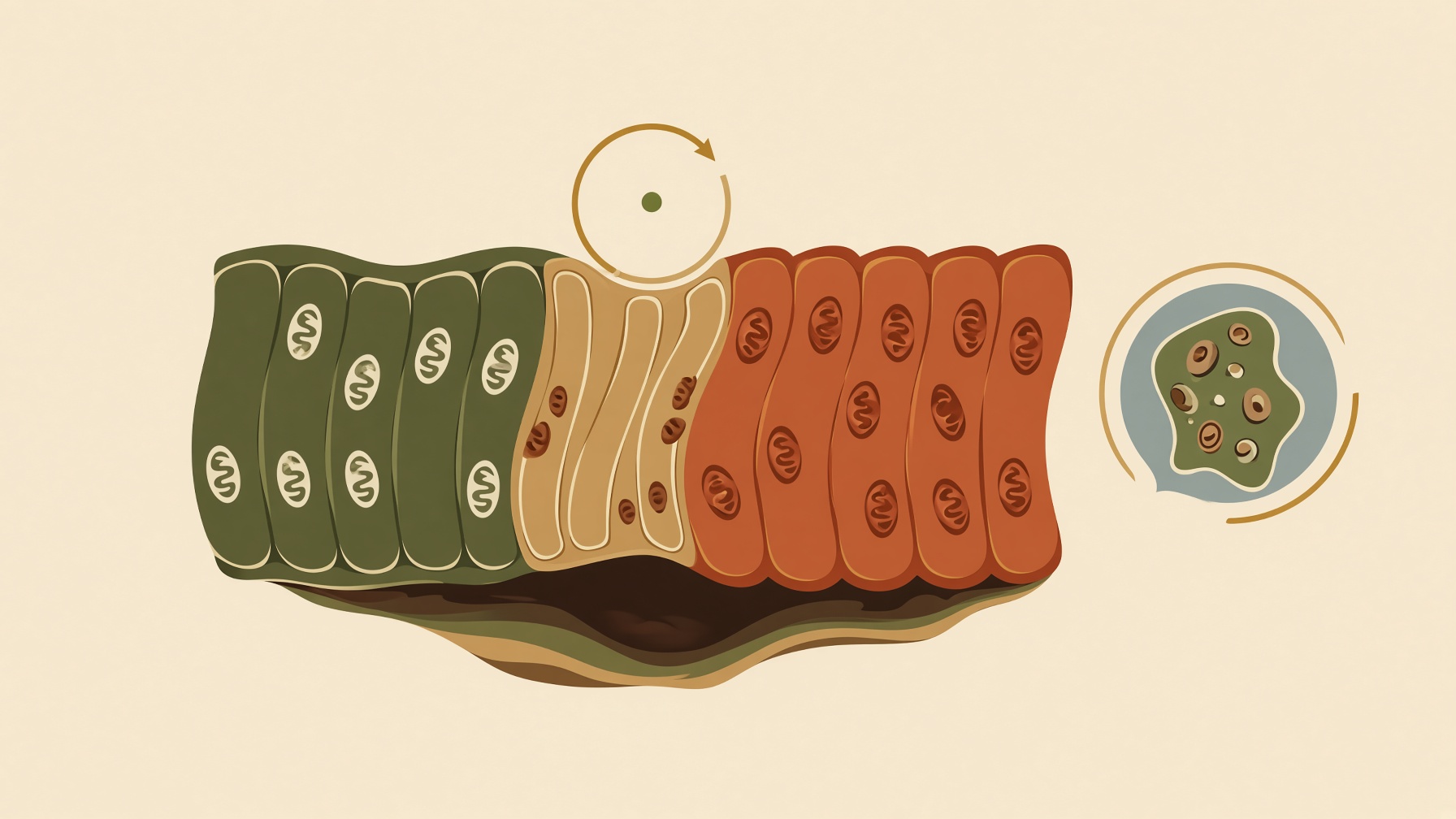 Illustration of differently colored muscle fibers with a magnified cellular detail.