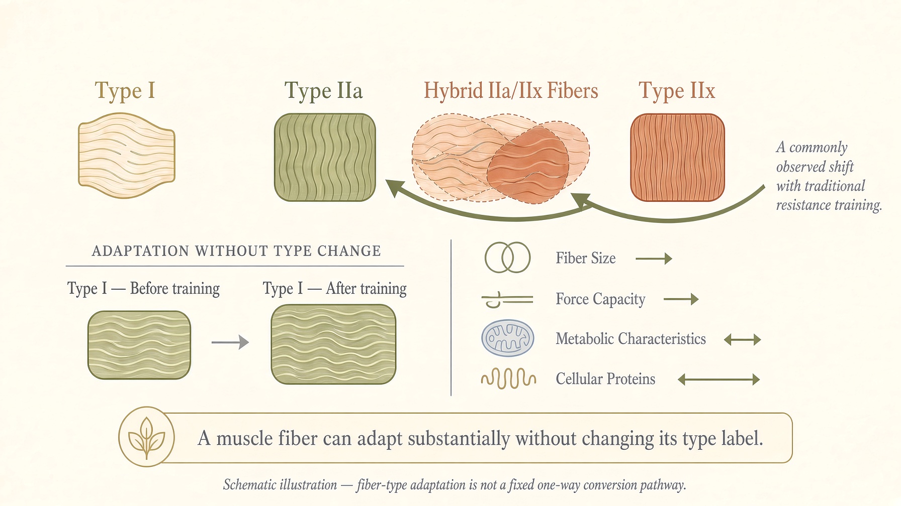 Diagram of Type I, Type IIa, hybrid and Type IIx muscle fibers, with a Type I fiber changing size while retaining its label.