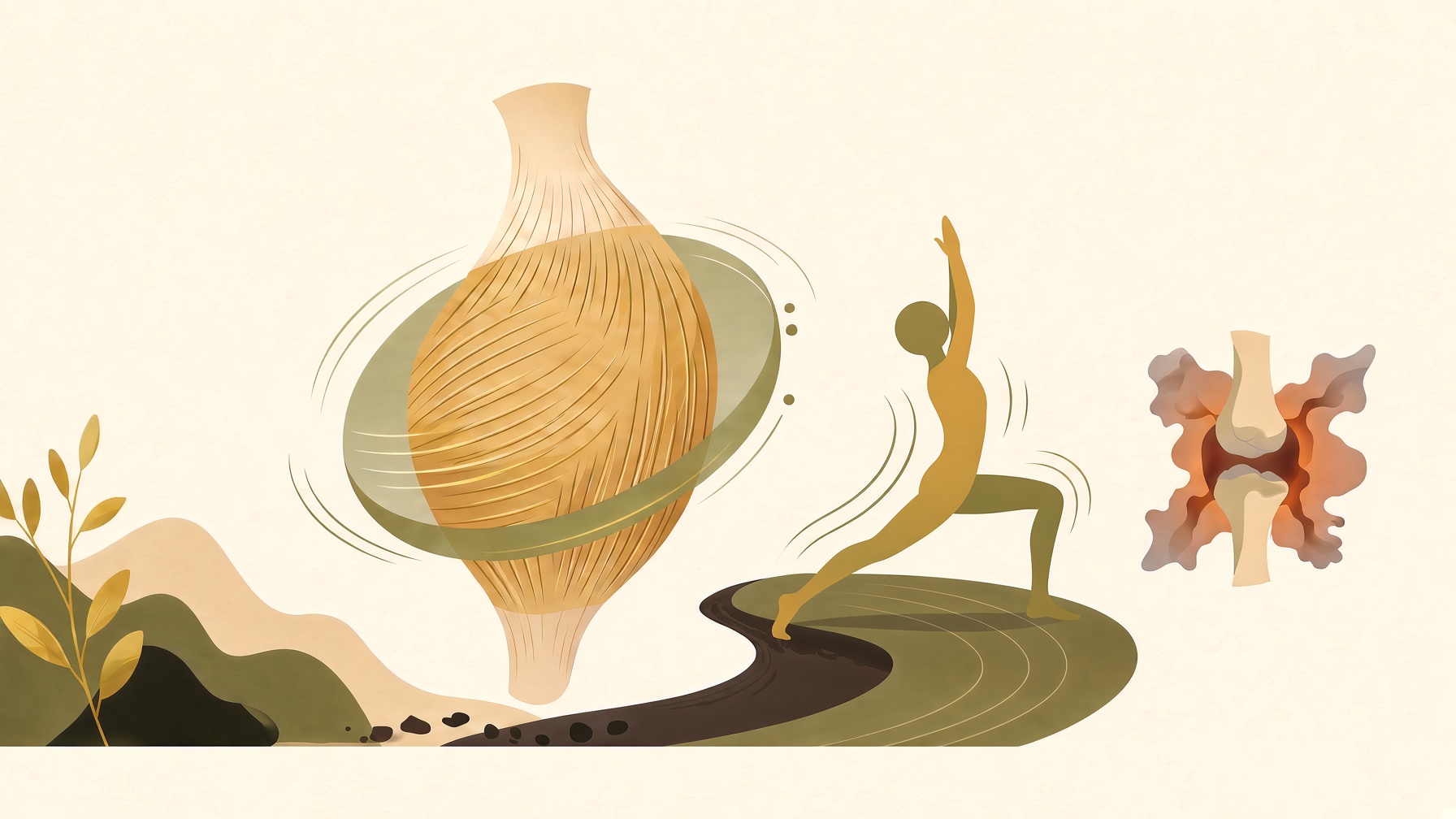 Illustration of muscles, tendons and a stretching figure.