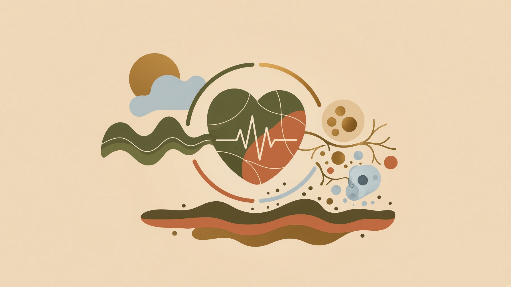 Heart and pulse waveform surrounded by symbols of daily influences.
