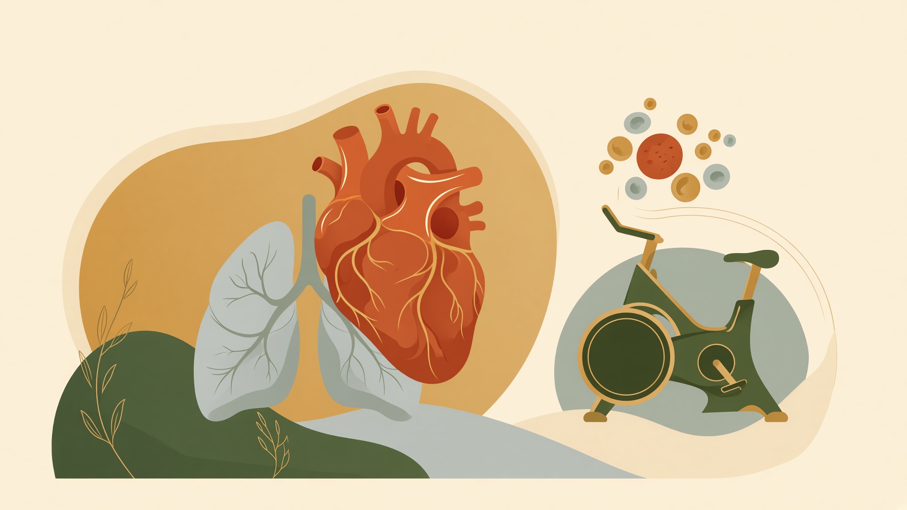 Heart and lungs beside a stationary exercise bicycle.