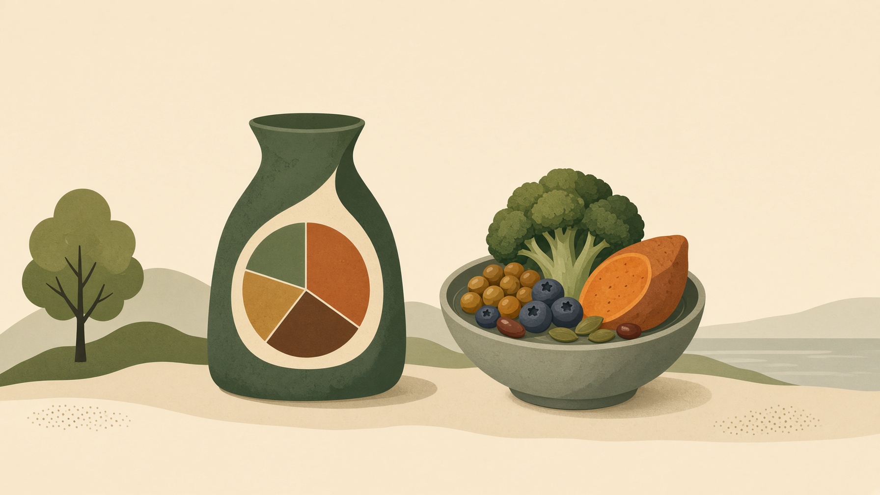 Vase with a segmented circle beside a bowl of colorful vegetables.