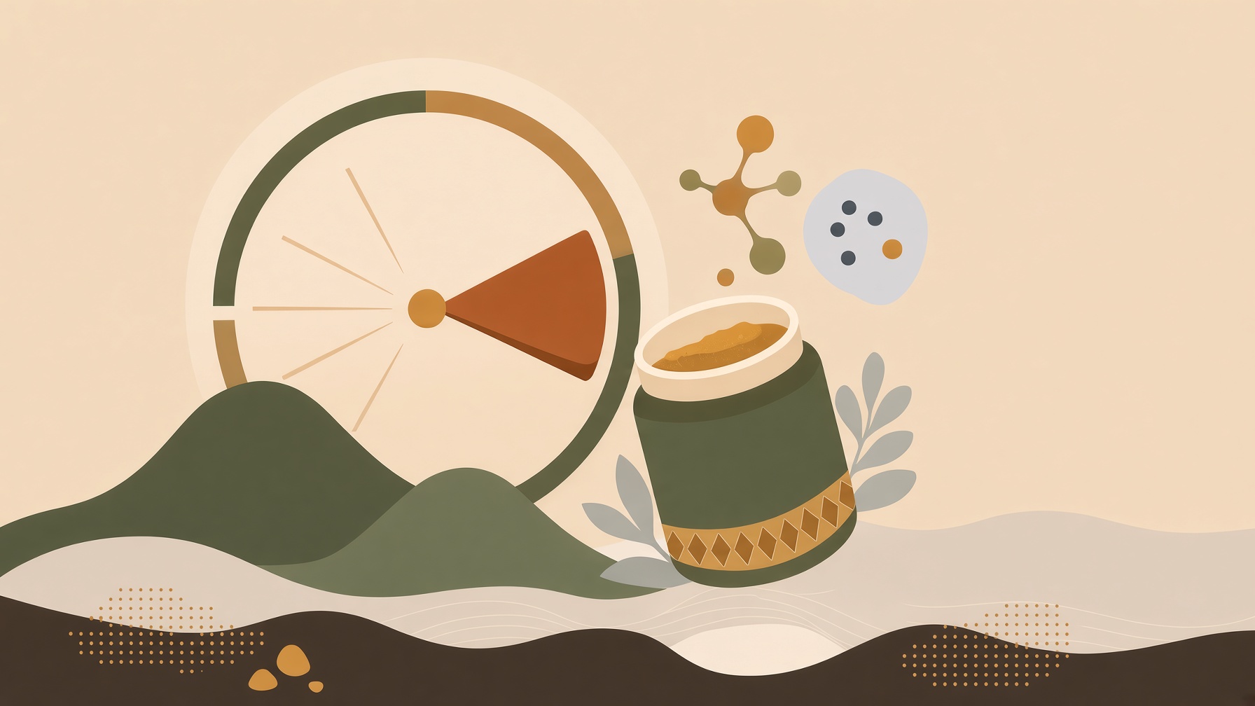 Clock with a highlighted time segment beside a cup and molecular symbols.