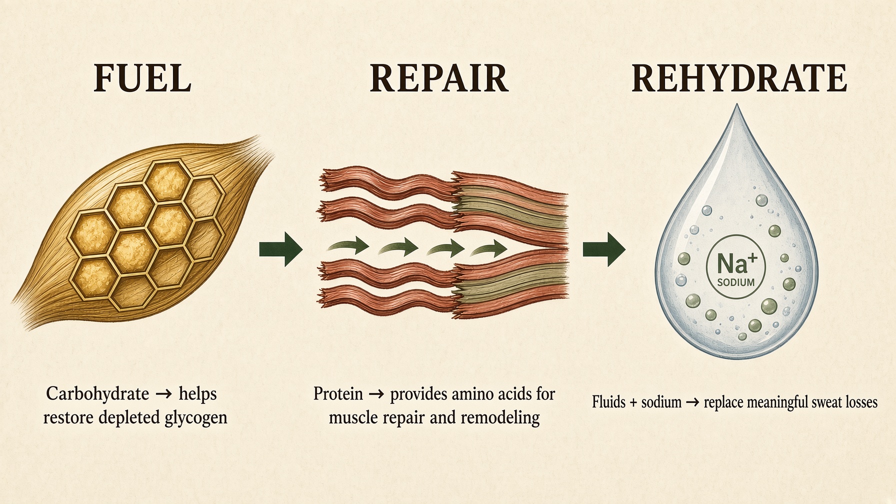 Three-panel recovery illustration showing carbohydrate fuel, muscle repair, and fluid and sodium replacement.