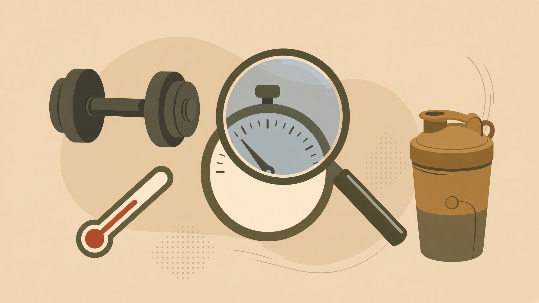 Illustration of a dumbbell, stopwatch, magnifying glass, thermometer and shaker bottle.