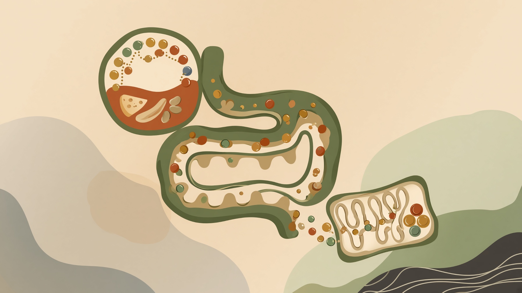 Illustrated digestive tract containing food and nutrient particles.