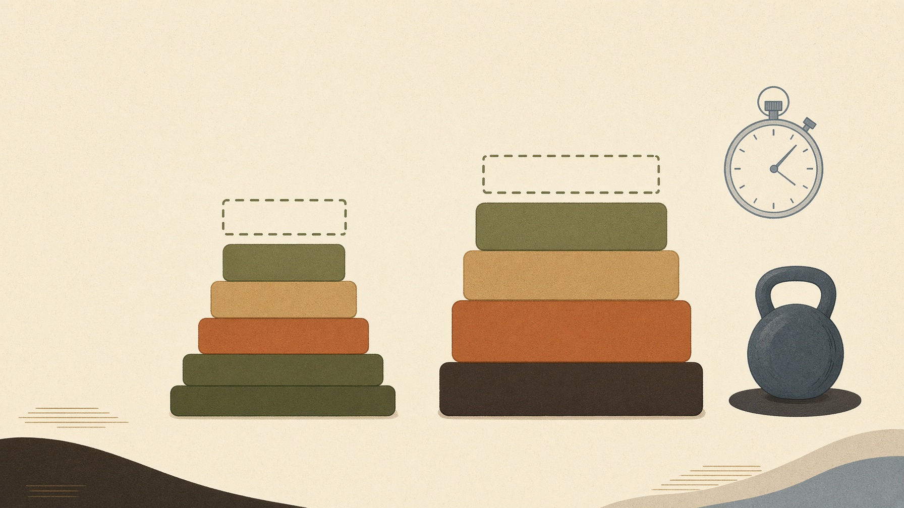 Illustration of progressively sized blocks beside a kettlebell and stopwatch.