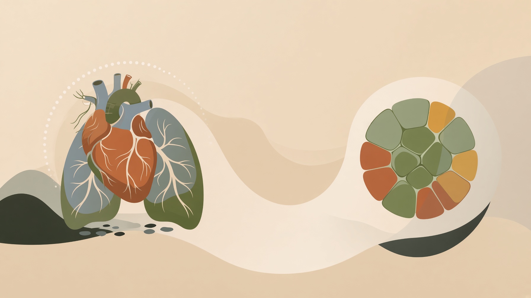 Heart and lungs beside a segmented circle and flowing colored bands.
