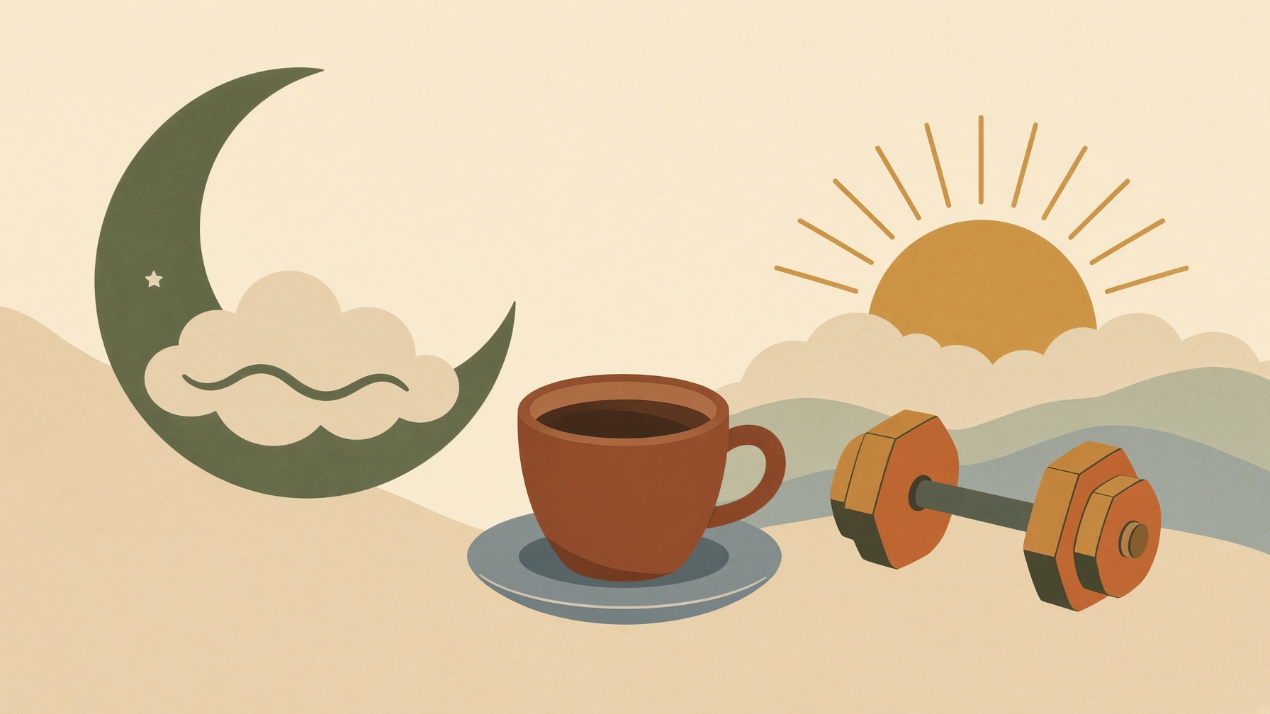 Coffee cup between moon and sunrise symbols beside a dumbbell.