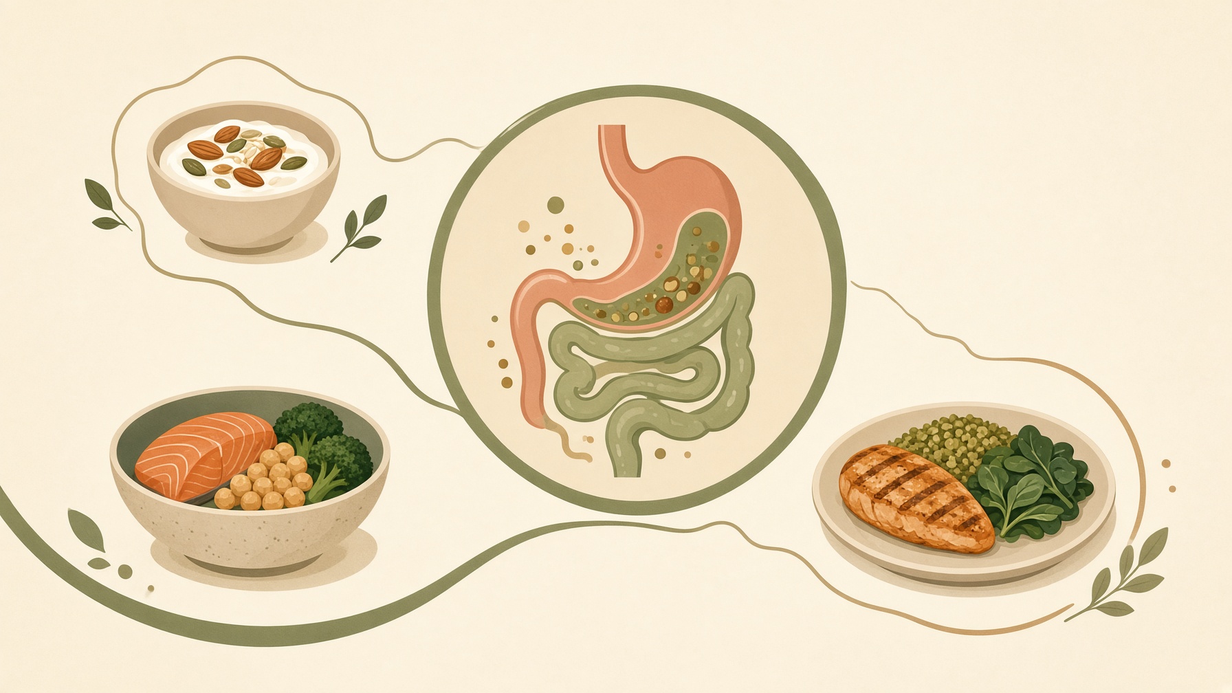 Several protein-containing meals arranged around a digestive-tract illustration.
