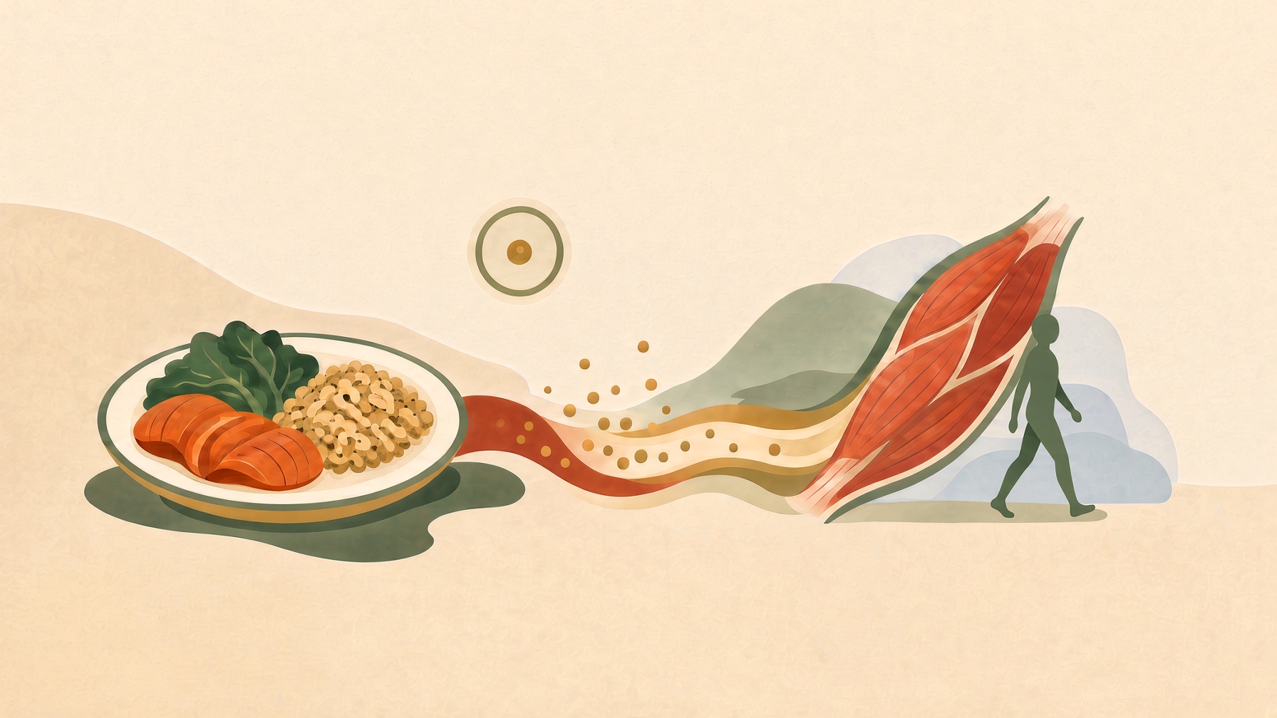 Meal and walking figure linked to a skeletal-muscle illustration.