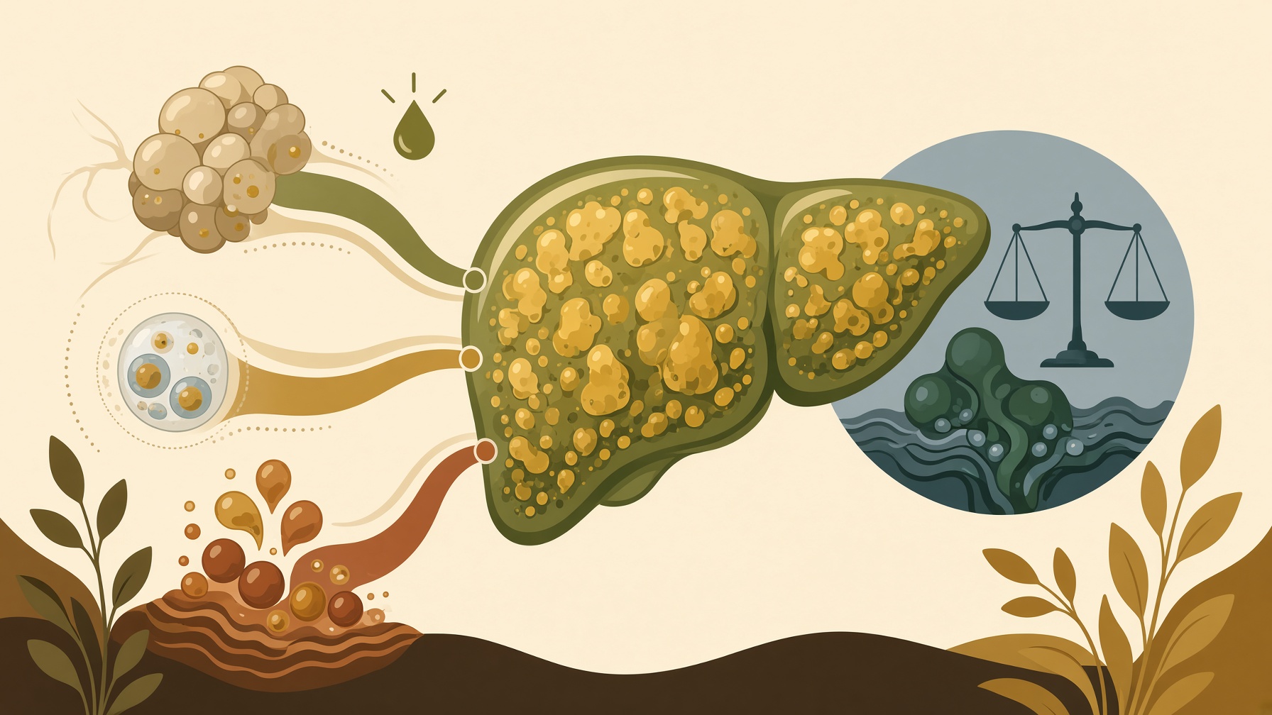 Illustrated liver receiving fat from several sources, beside balance scales.