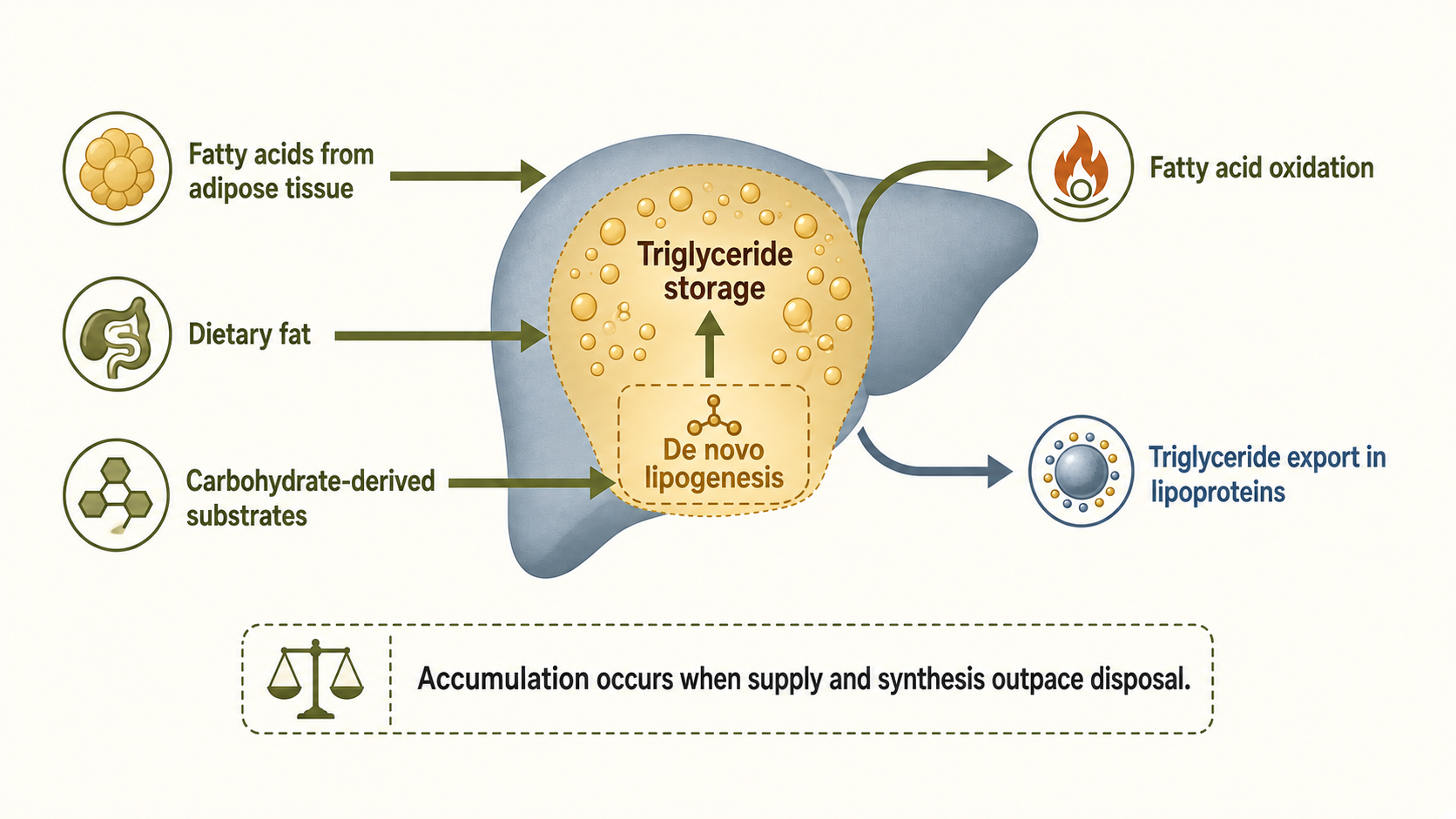 Diagram of liver fat supply, synthesis, oxidation and export, showing accumulation when supply exceeds disposal.