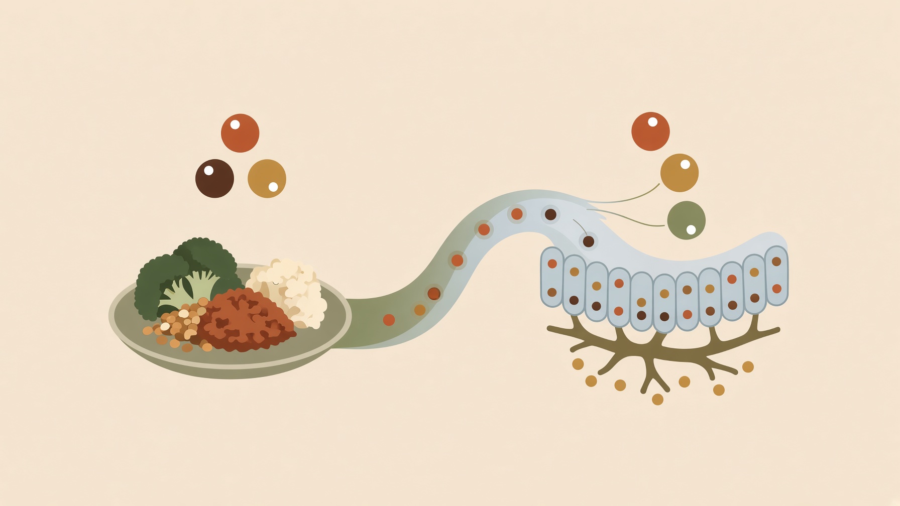 Plate of food connected to intestinal cells with colored nutrient particles.