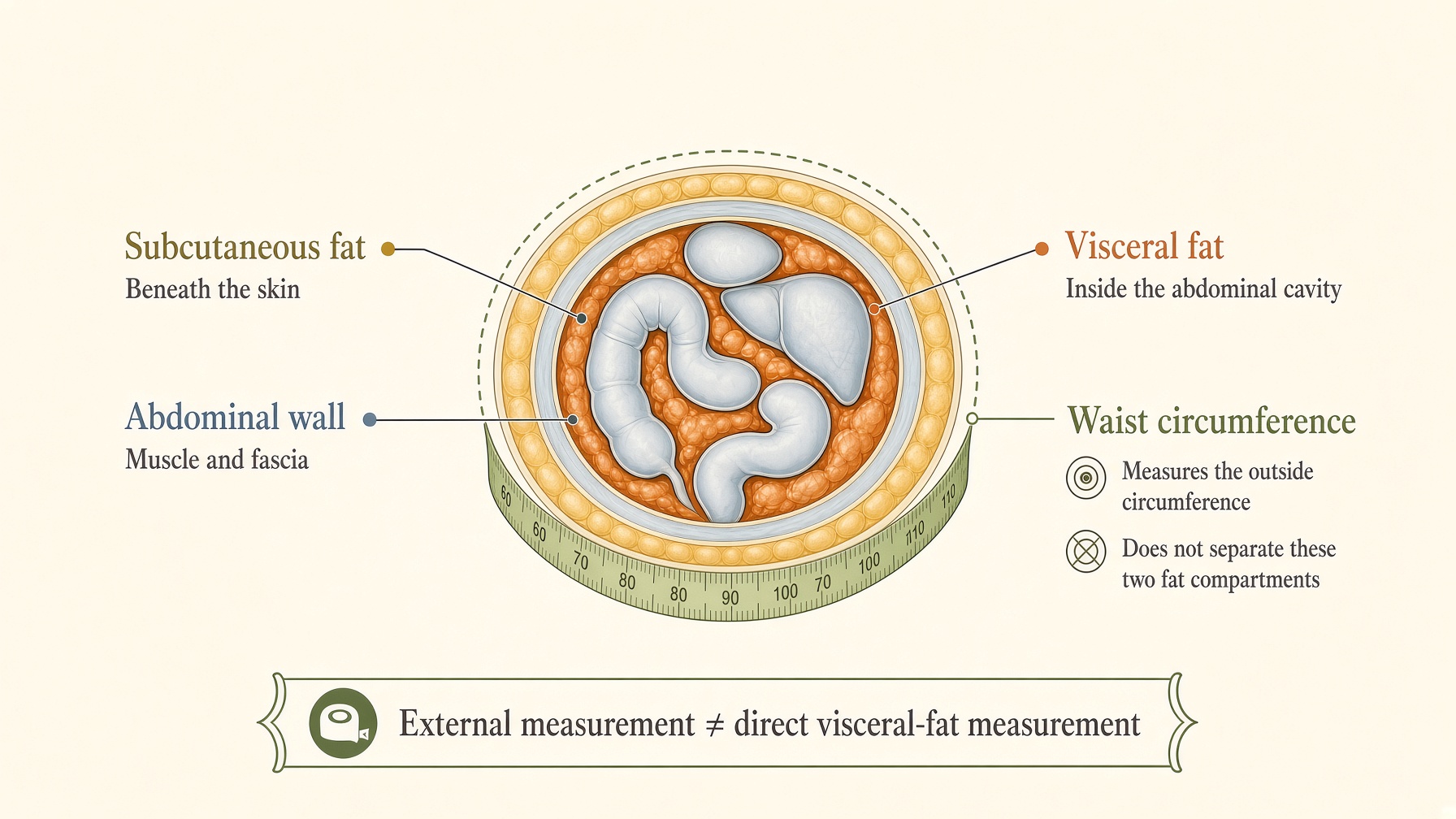 Abdominal cross-section showing subcutaneous fat beneath the skin and visceral fat inside the abdominal wall, with an external waist tape.