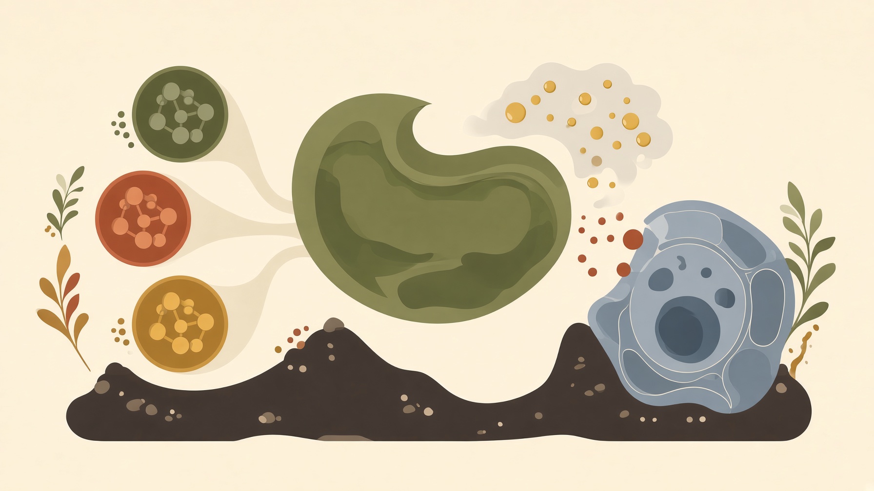 Illustration of a stomach, vitamin particles and a cell.