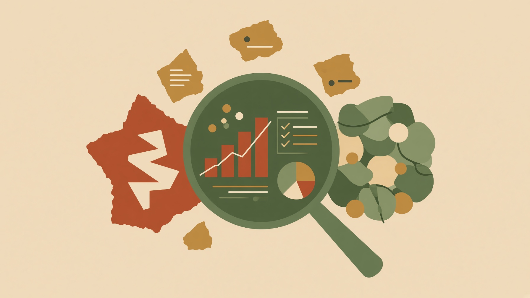 Magnifying glass examining charts and a checklist amid food shapes.