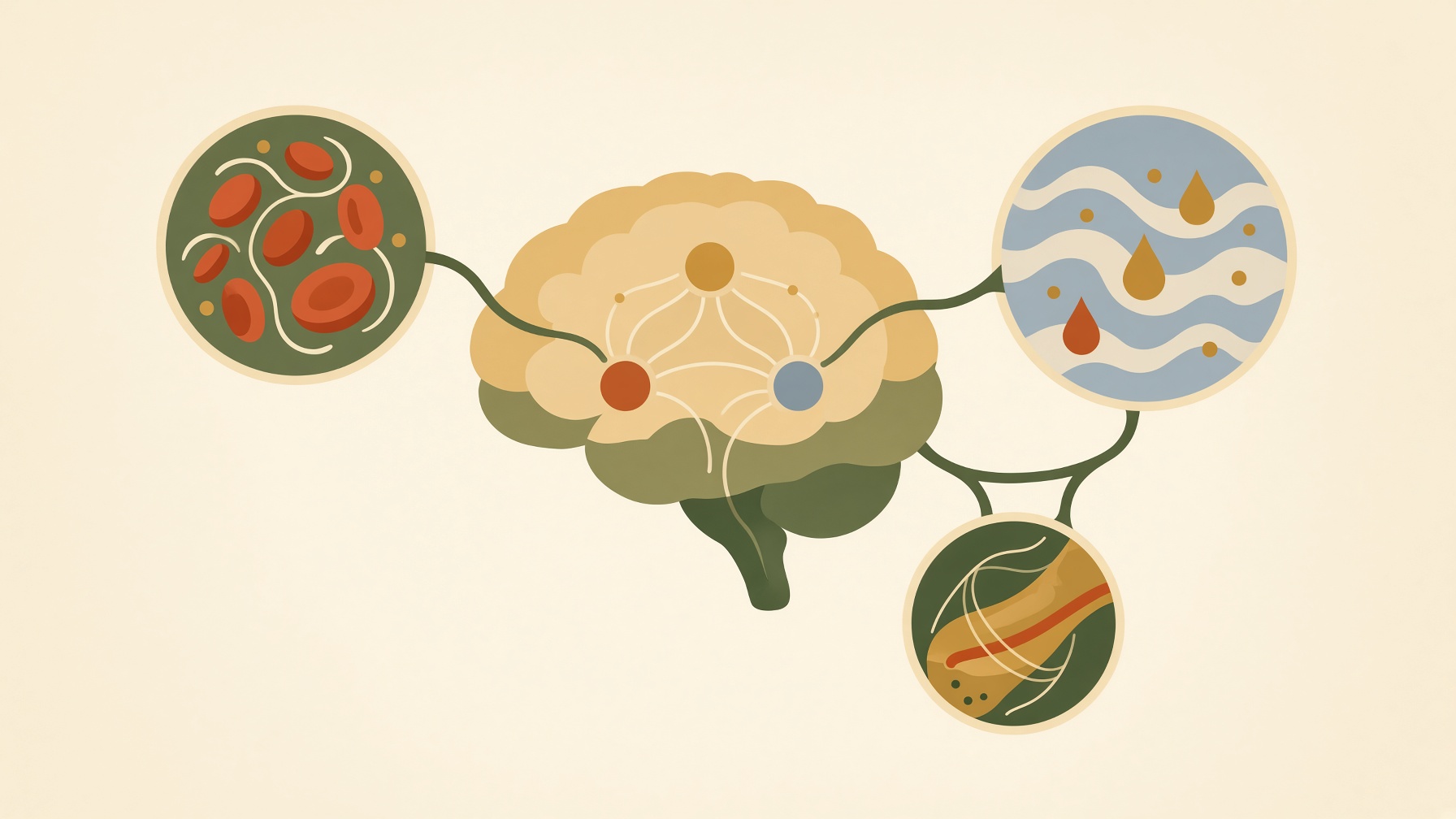 Brain connected to illustrations of blood cells, water droplets, and an organ.