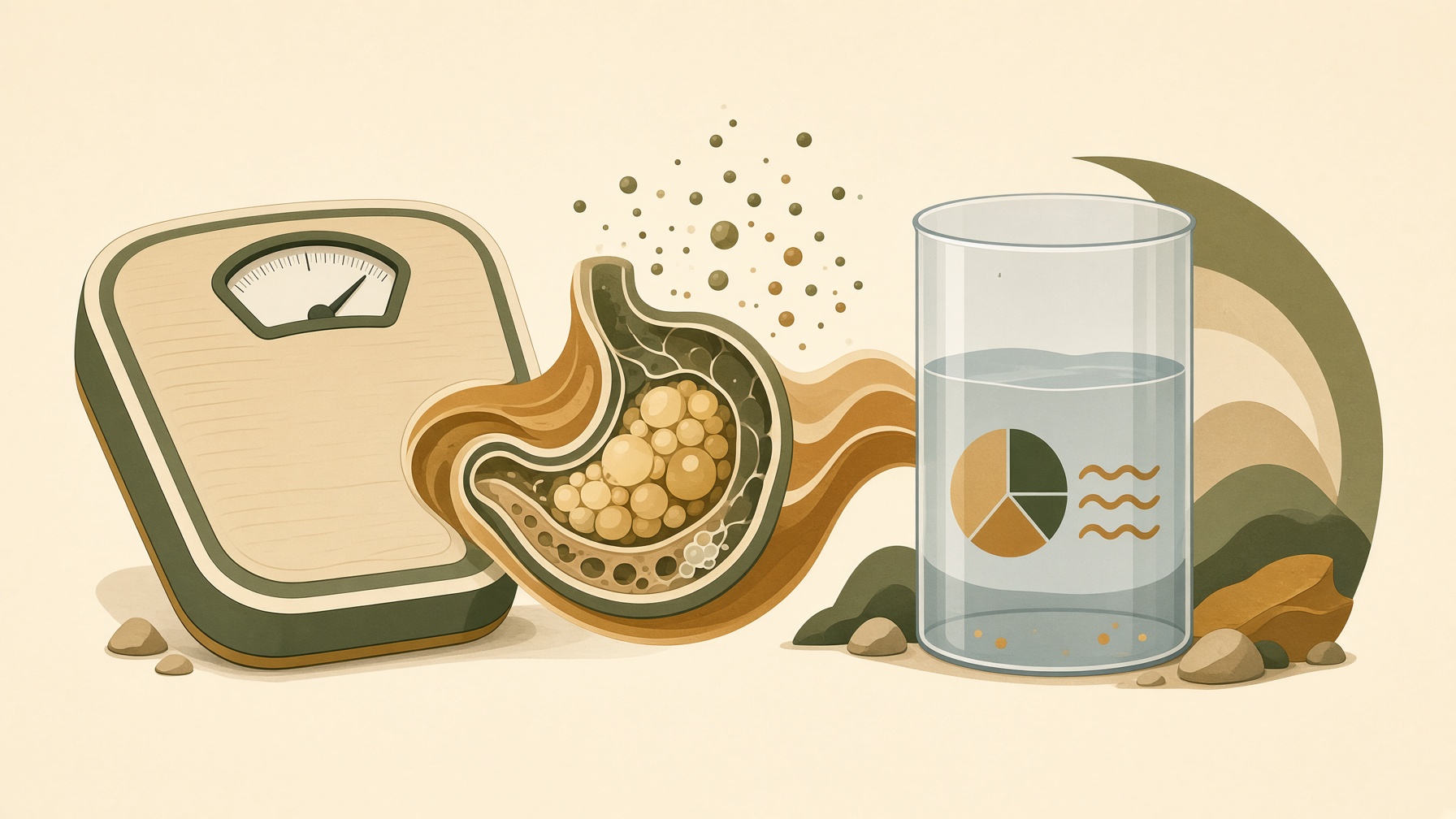 Bathroom scale, body-fat illustration, and a glass of water with a circular chart.