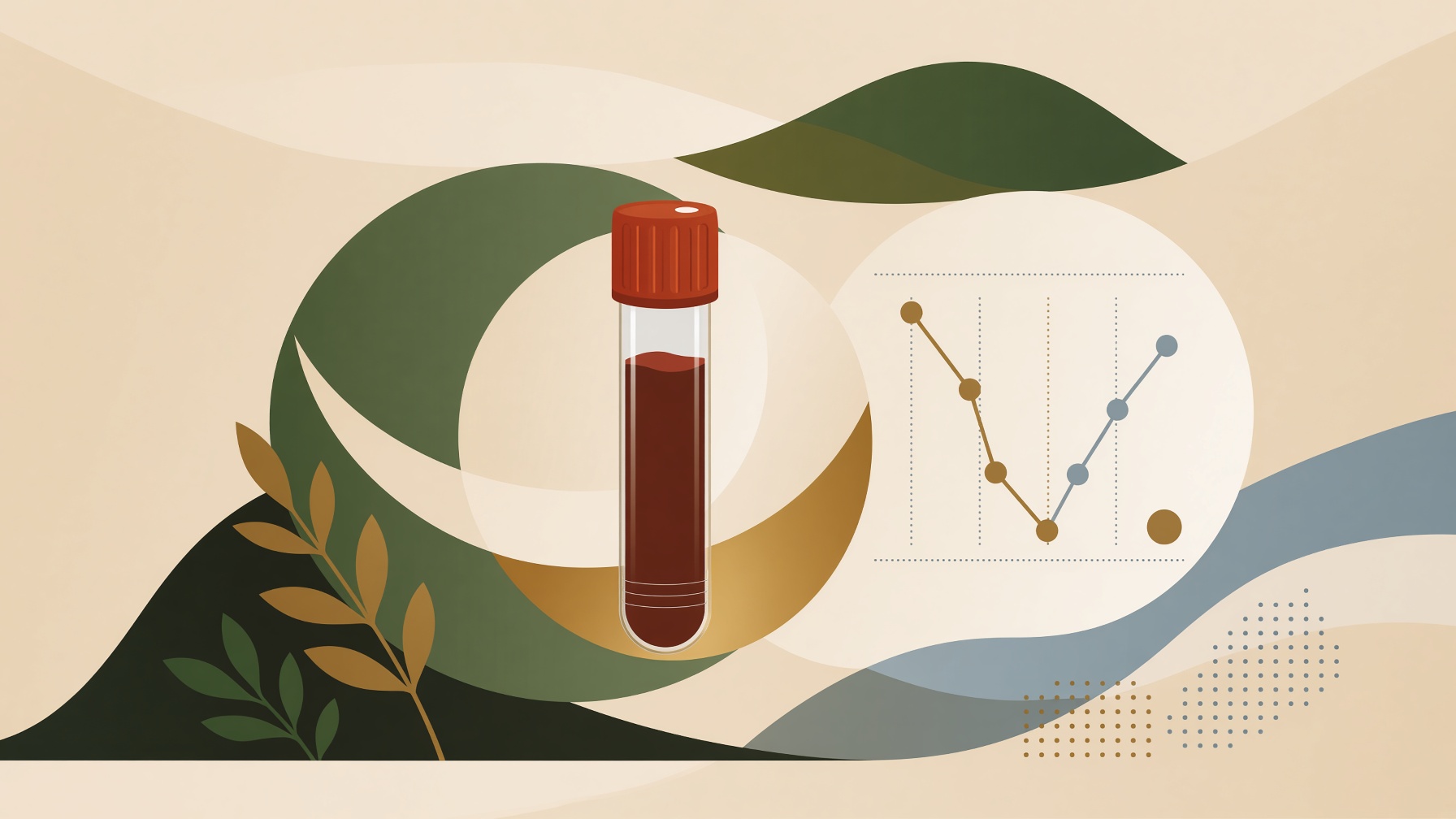 Blood sample tube beside a line graph and flowing colored bands.