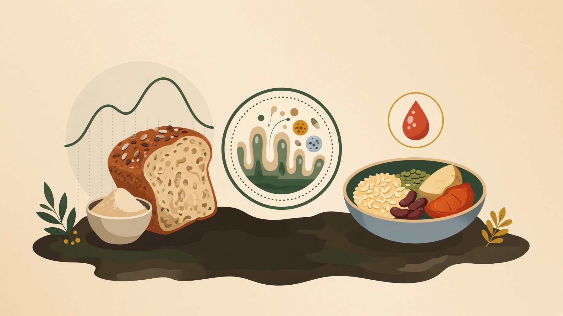 Bread and a bowl of food beside a blood-sugar curve and an intestinal cross-section.