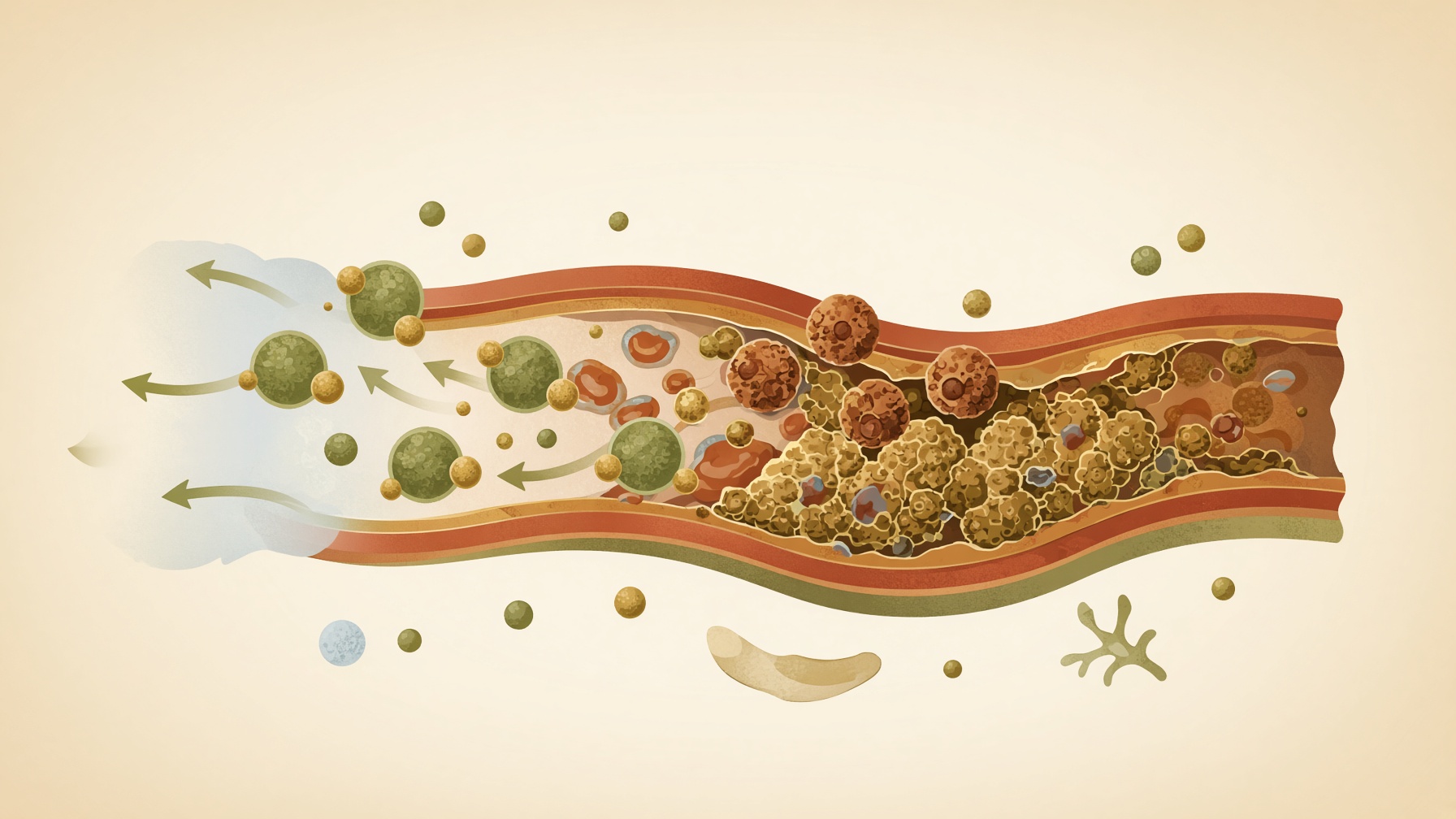 Cross-section of a blood vessel with differently sized lipid particles moving through it.