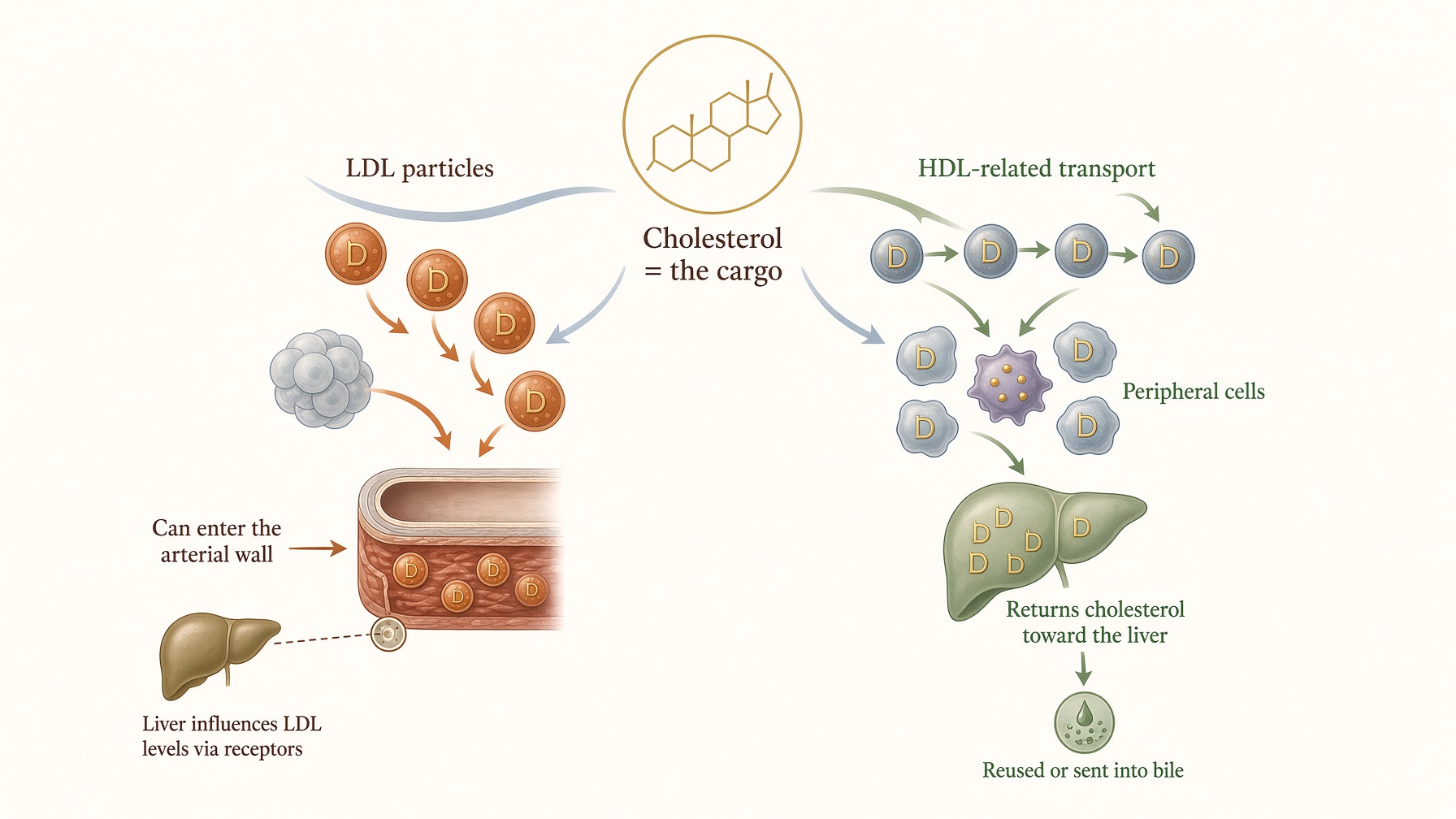 Diagram comparing LDL transport toward tissues and arterial walls with HDL-related cholesterol transport toward the liver.