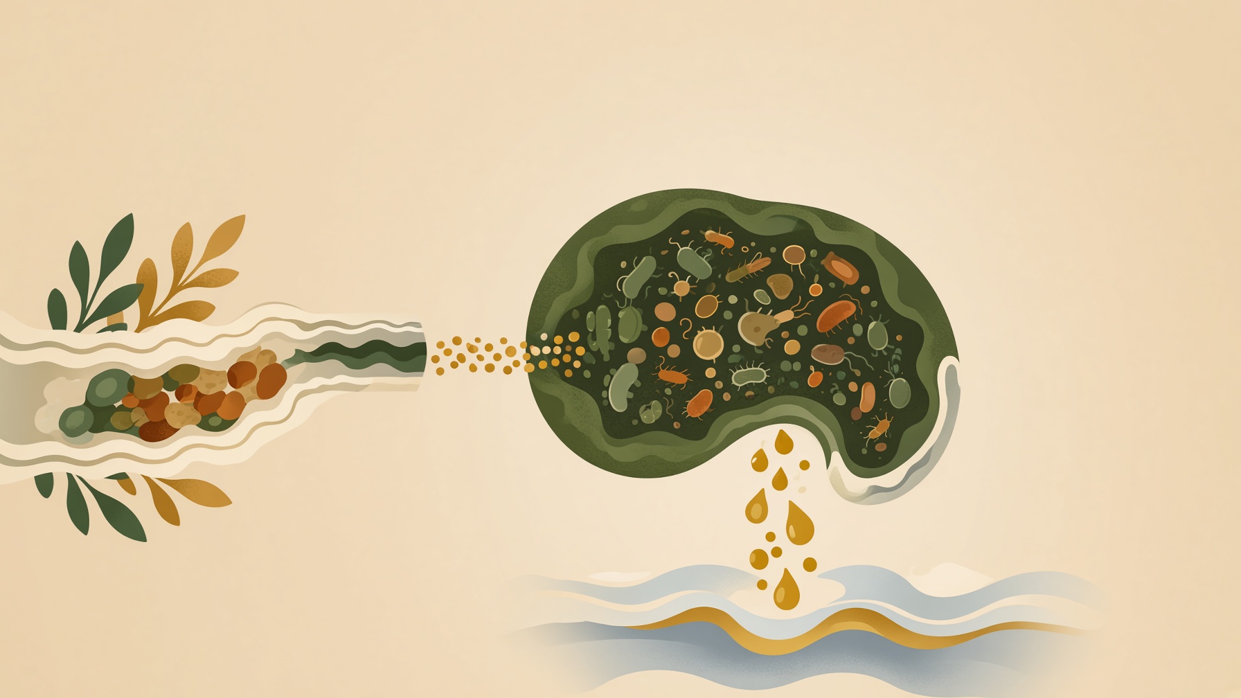 Intestinal illustration with clusters of microbes and particles flowing below.