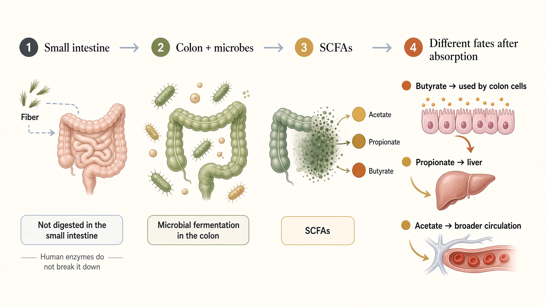 Diagram tracing undigested fiber through microbial fermentation in the colon and the different destinations of short-chain fatty acids.
