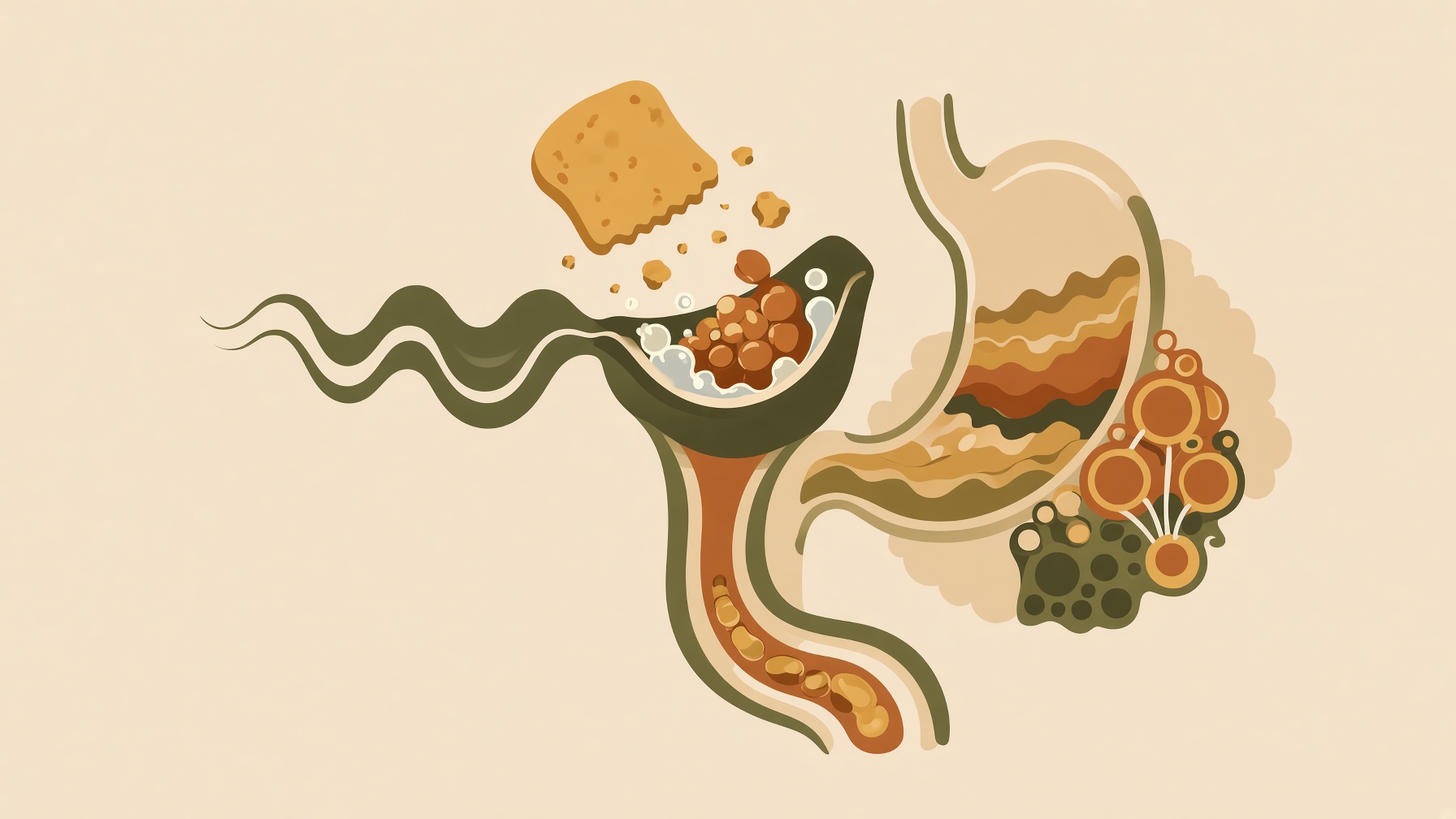 Food entering an illustrated stomach and small intestine, with nutrient particles alongside.