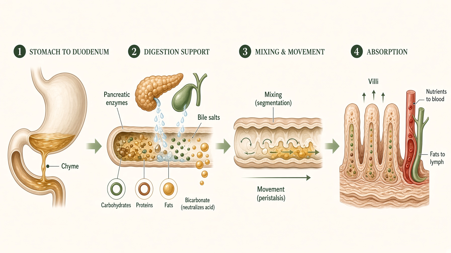 Diagram of food moving from the stomach through digestion, mixing, and nutrient absorption in the small intestine.