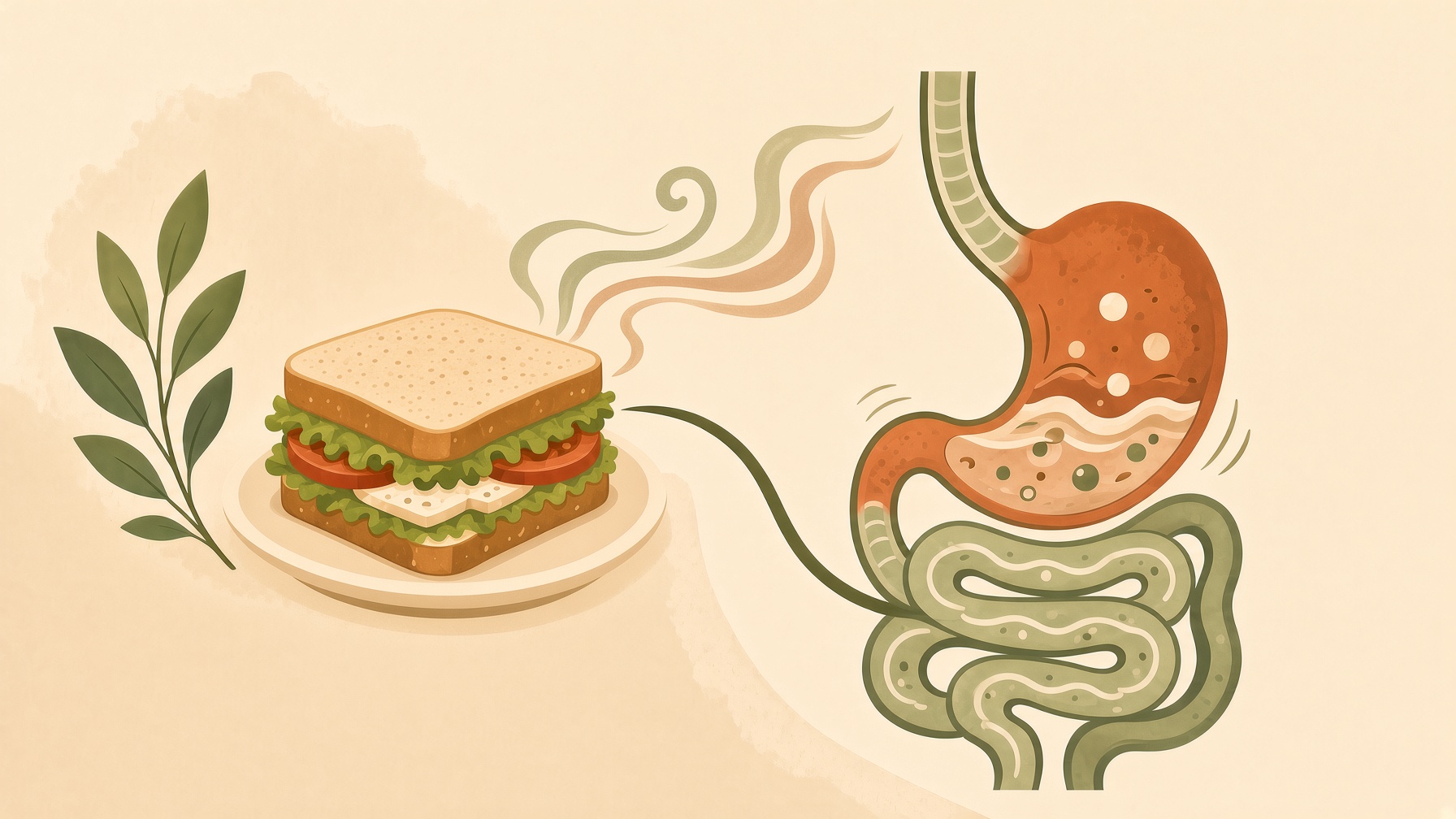 Sandwich beside an illustrated stomach and intestines, connected by flowing lines.