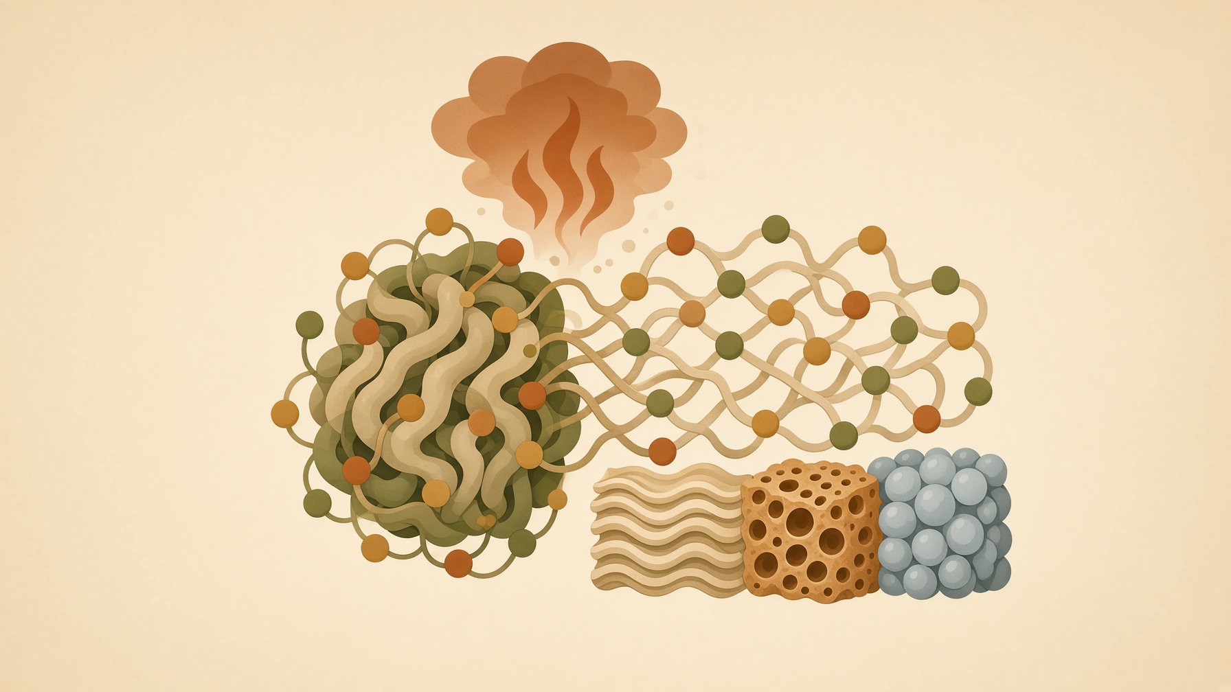 Folded protein structure beside a molecular network, heat waves, and textured blocks.
