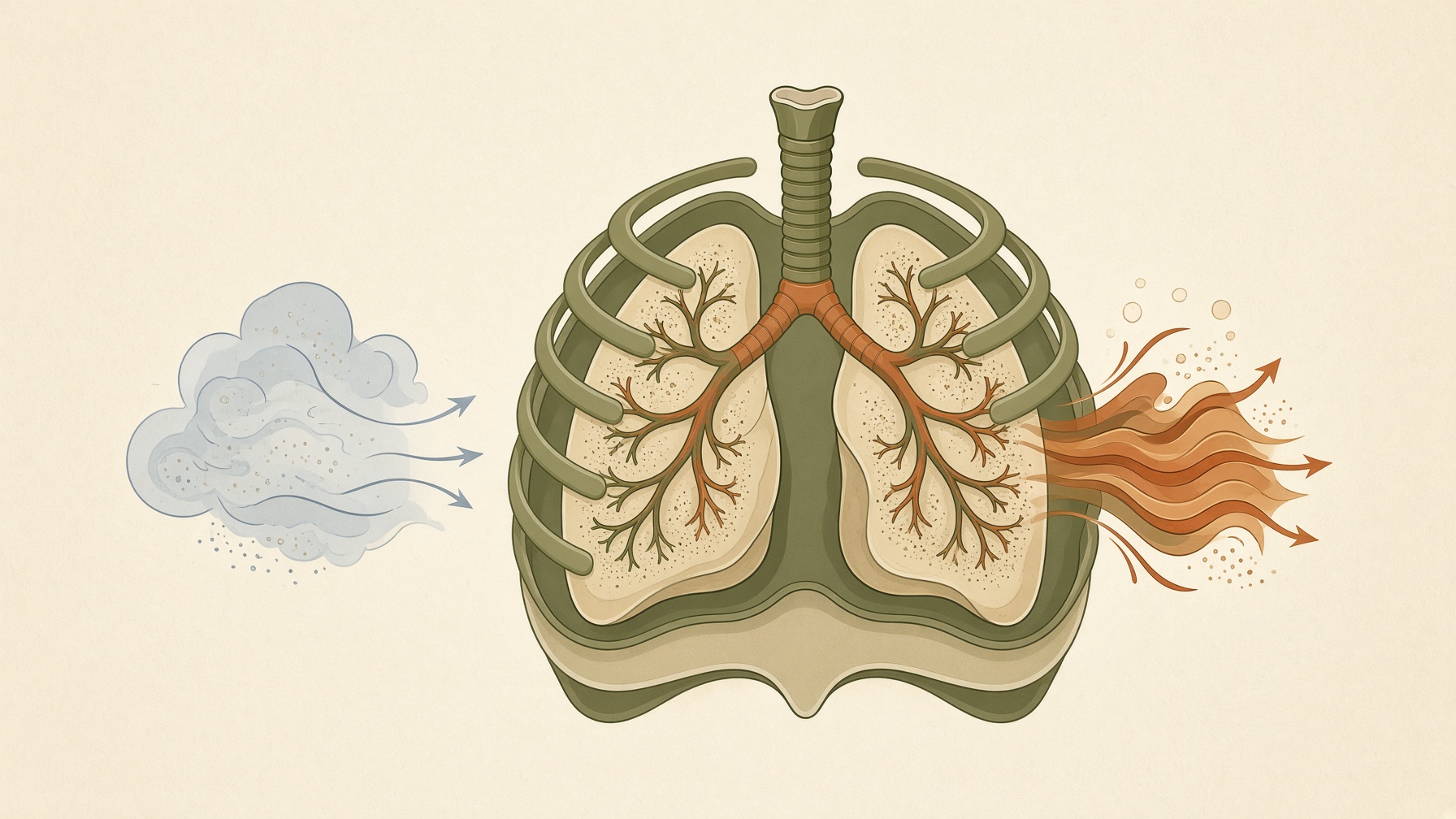 Lungs inside a rib cage with air flowing on both sides.