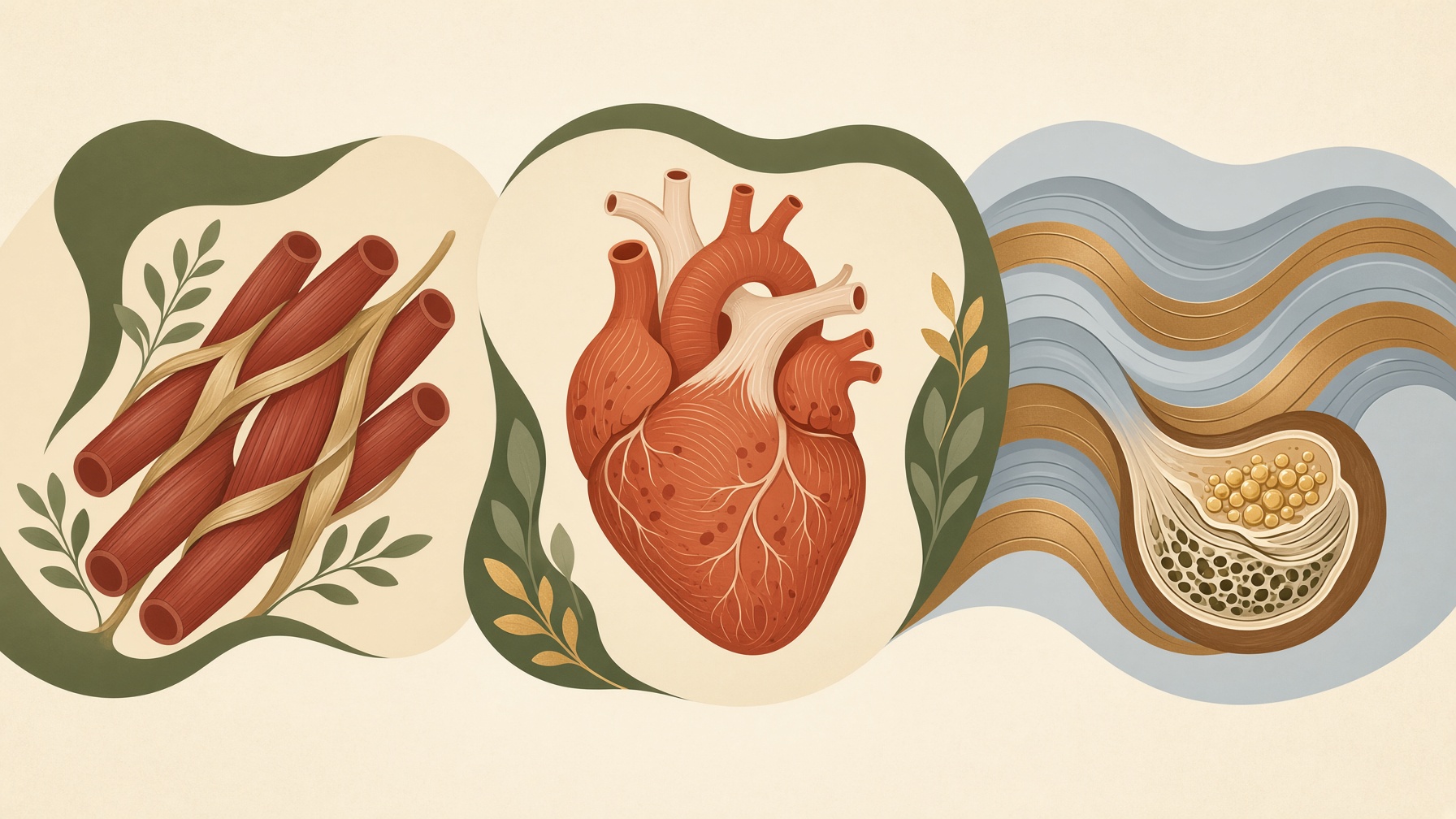Three panels showing skeletal muscle fibers, a heart, and a smooth-muscle illustration.
