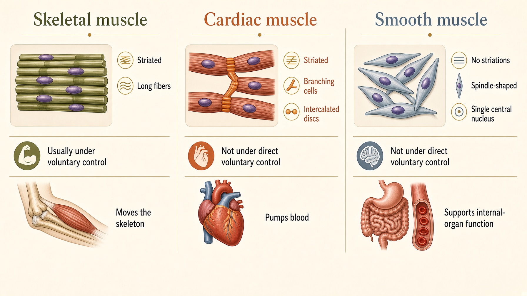 Comparison of skeletal, cardiac, and smooth muscle structure, control, and functions.