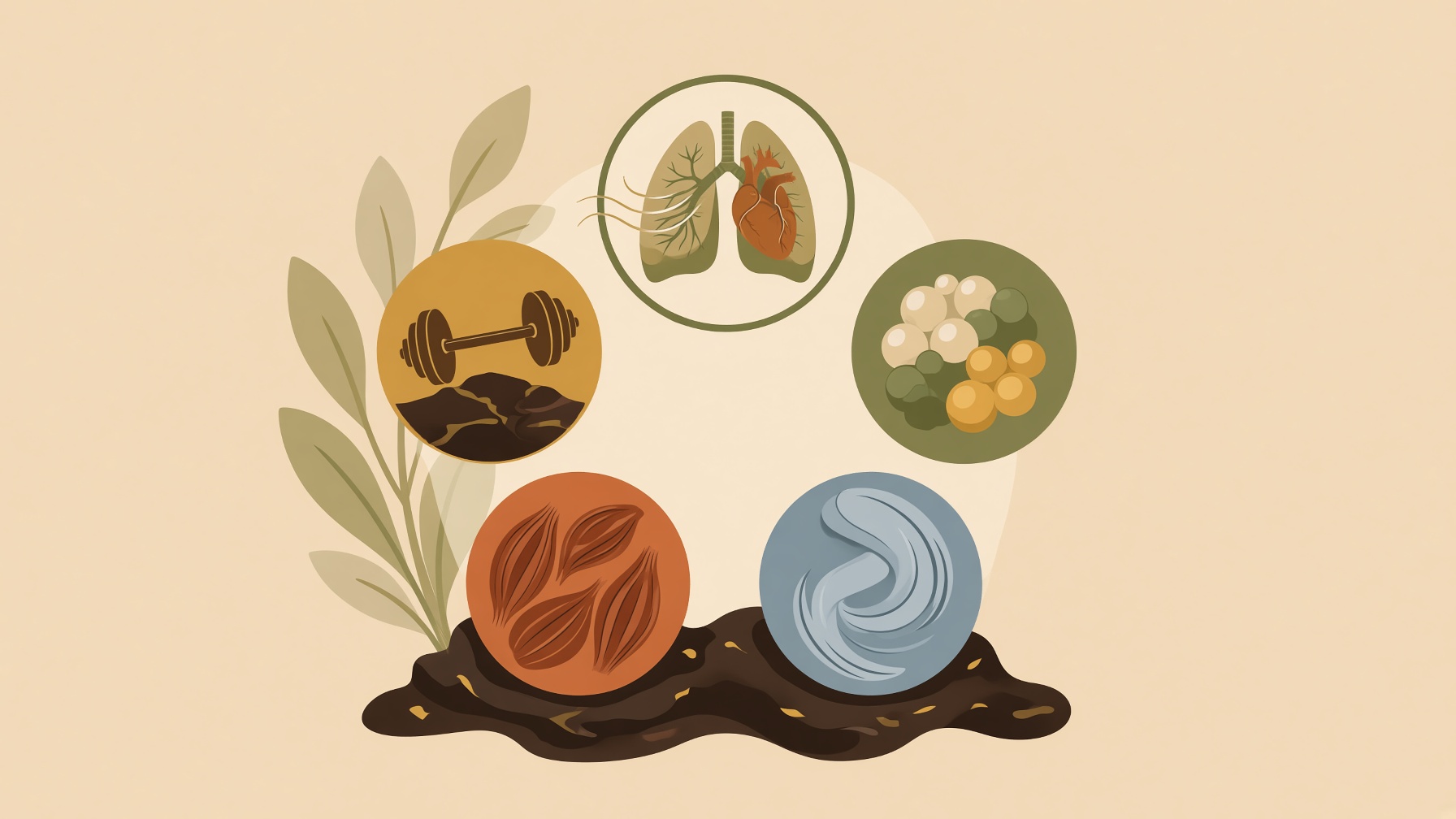Circular illustrations of lungs, weights, fat cells, muscle, and a flowing curve.