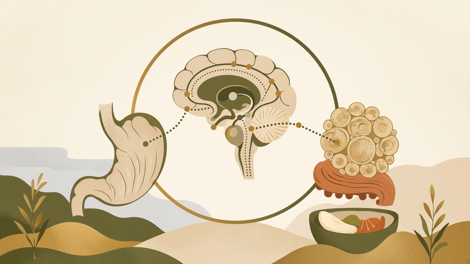 Stomach, brain, fat cells, and food linked around a circular path.