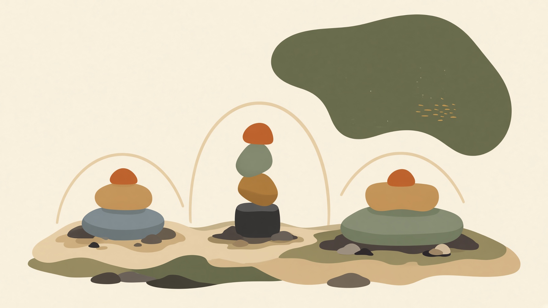 Three arrangements of balancing stones on separate ground surfaces.