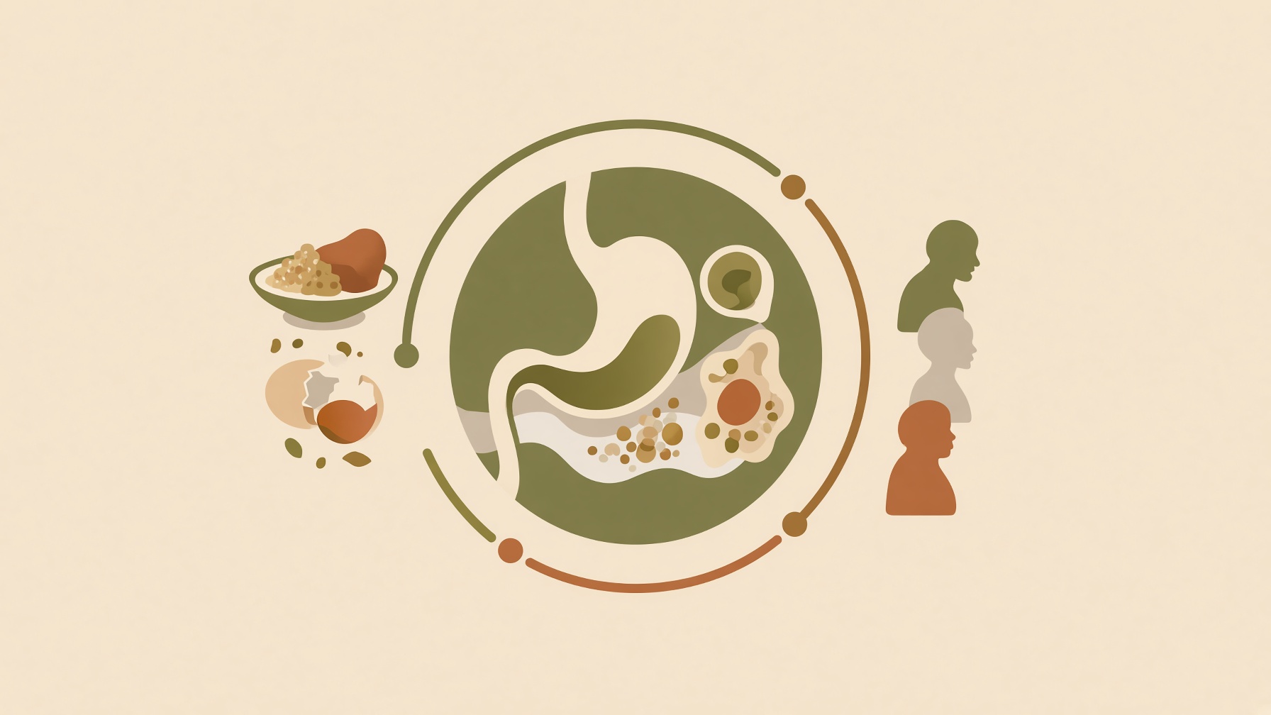Plate of food beside a stomach illustration and silhouettes of different sizes.